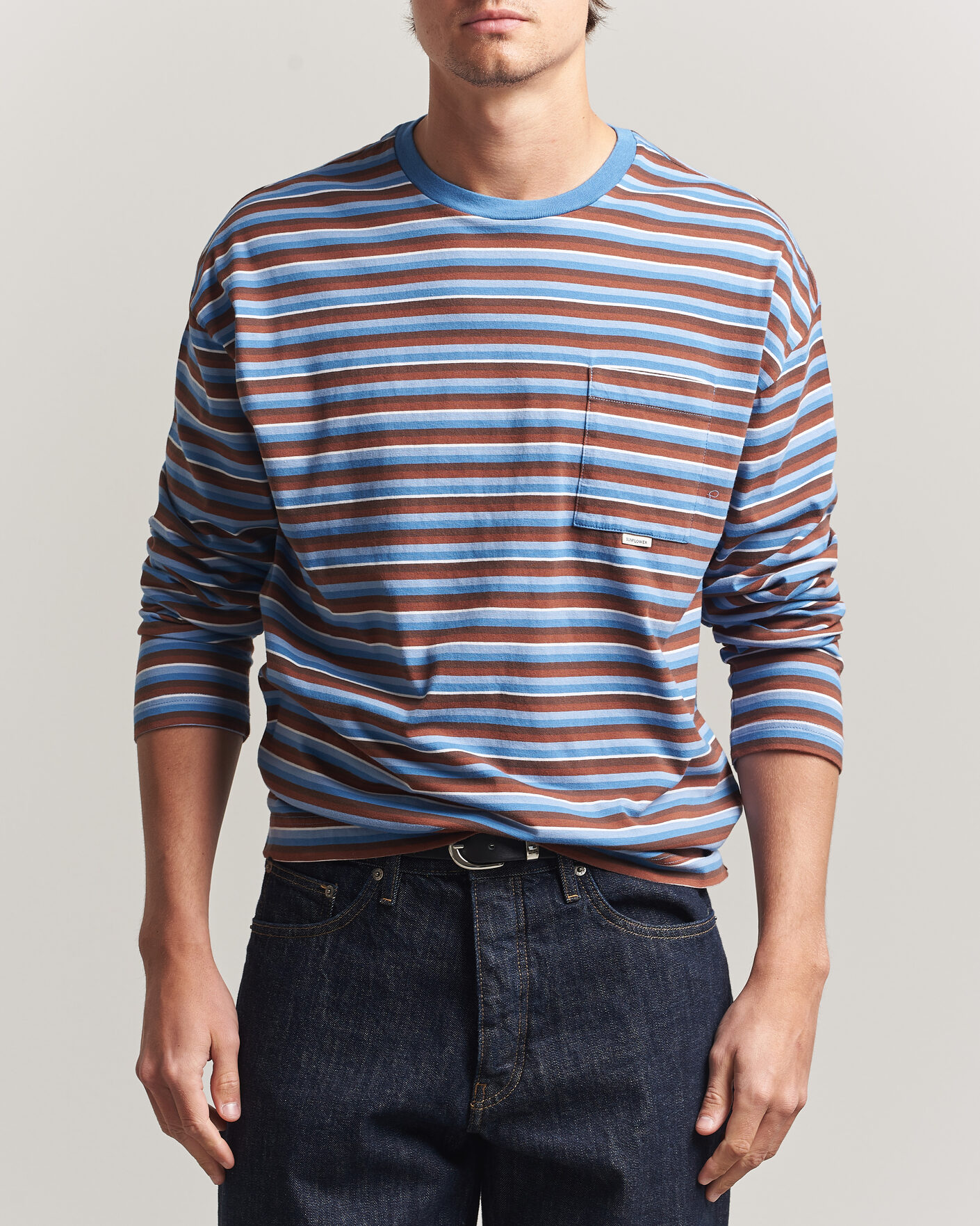 Heren | T-shirts | Sunflower | Long Sleeve Pocket Tee Blue Stripe