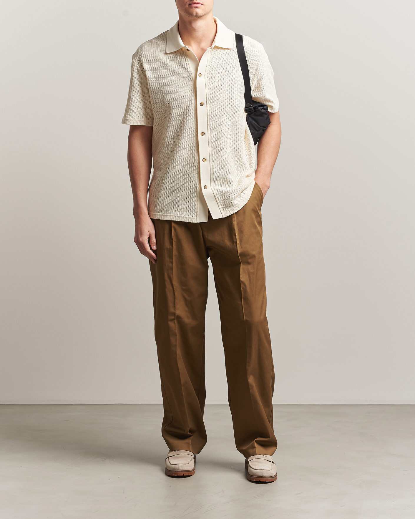 Heren | Overhemden | LES DEUX | Pointelle Short Sleeve Knitted Shirt Eggnog White