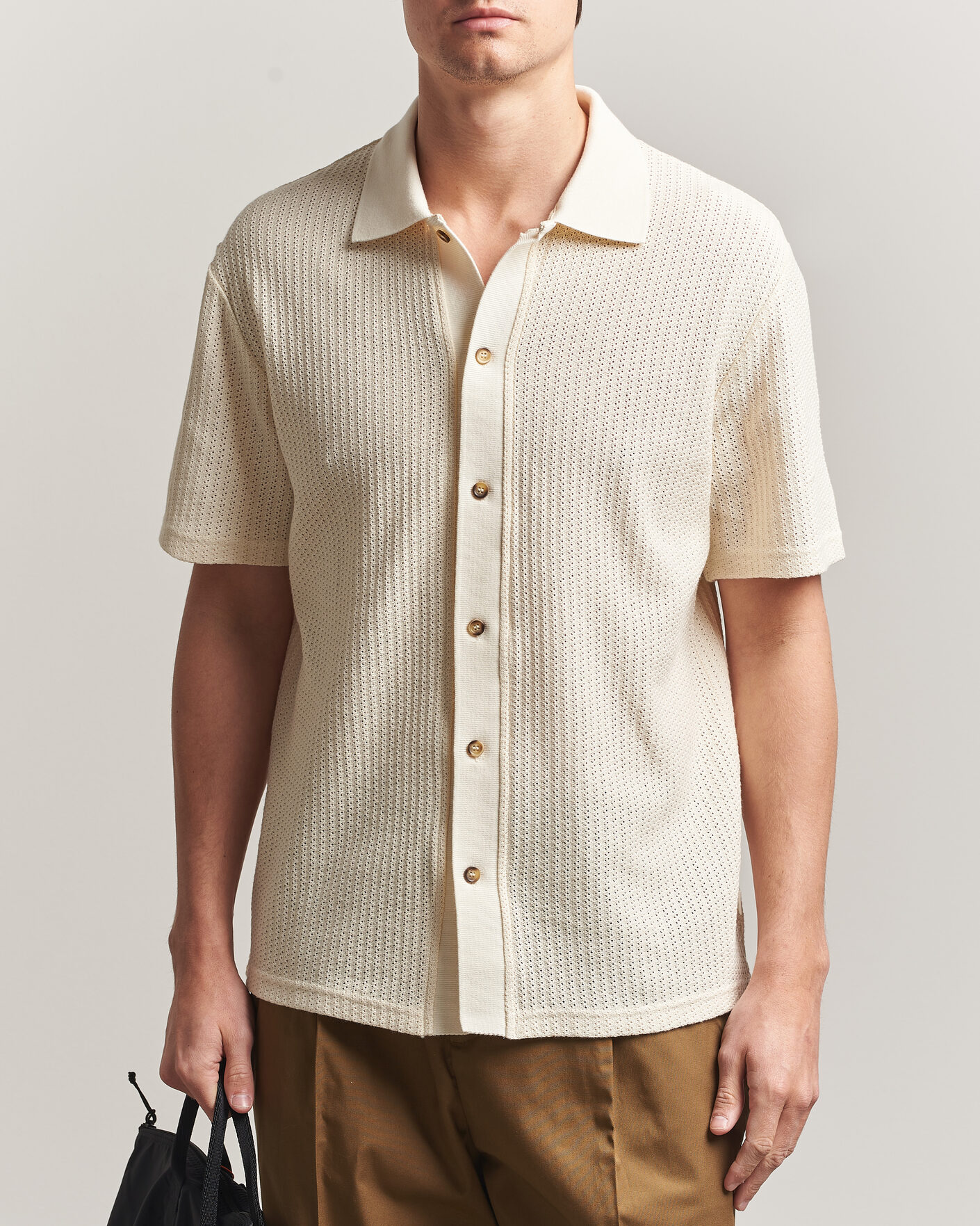 Heren | Overhemden | LES DEUX | Pointelle Short Sleeve Knitted Shirt Eggnog White