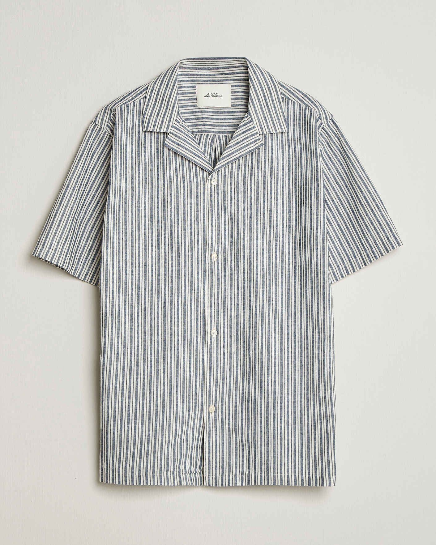 Heren | Overhemden | LES DEUX | Stripe Cotton/Linen Short Sleeve Shirt Dark Blue