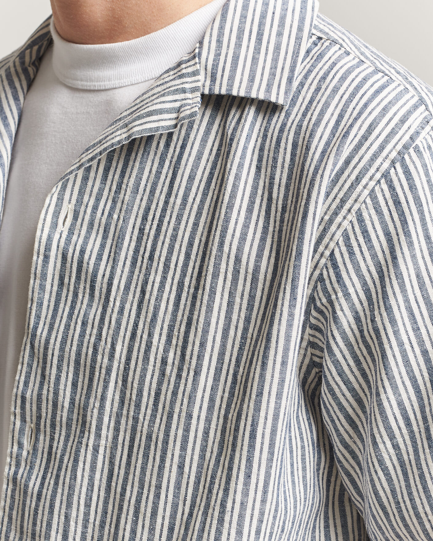 Heren | Overhemden | LES DEUX | Stripe Cotton/Linen Short Sleeve Shirt Dark Blue