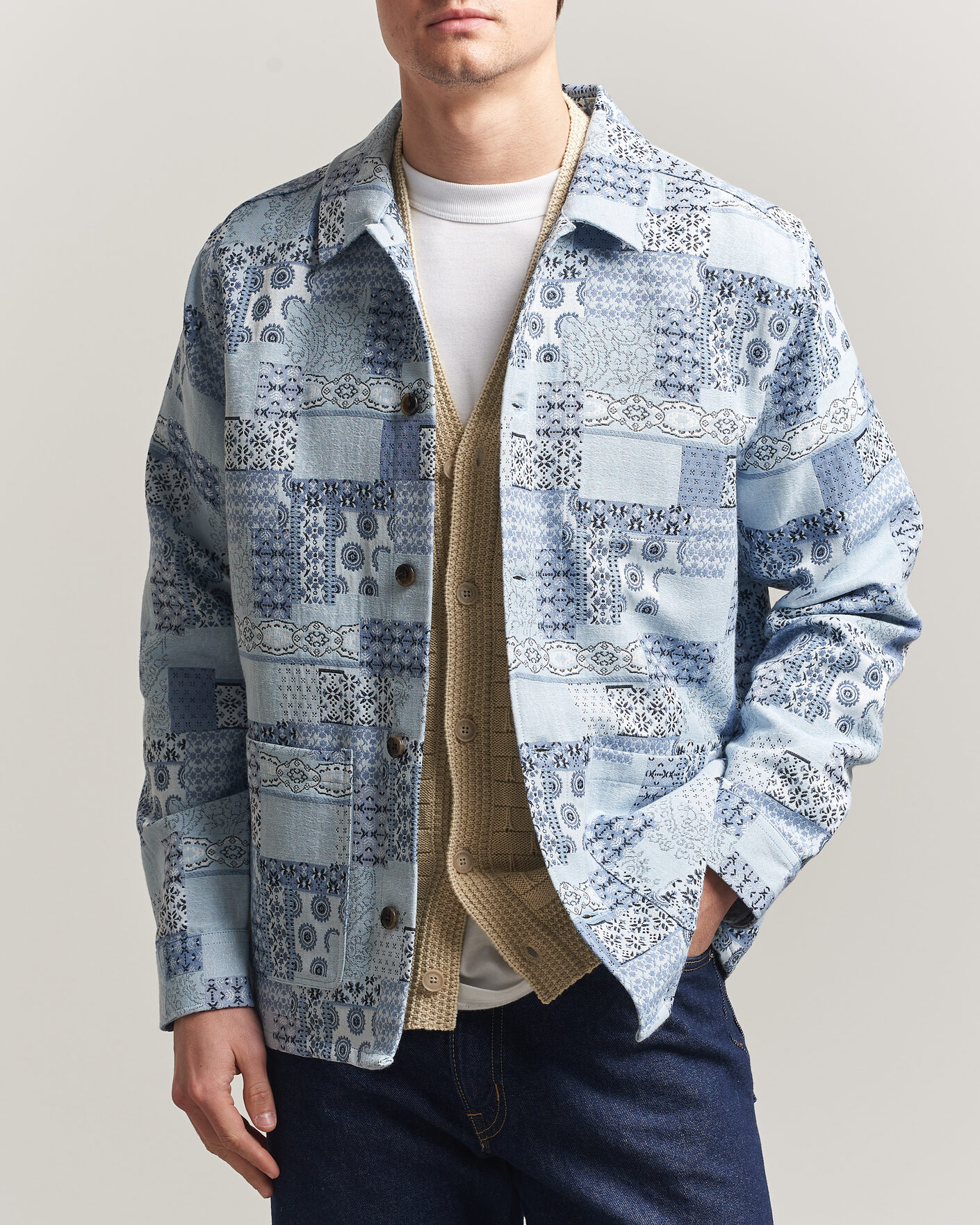 Heren | Overhemden | LES DEUX | Patchwork Jacquard Overshirt Skyway Blue
