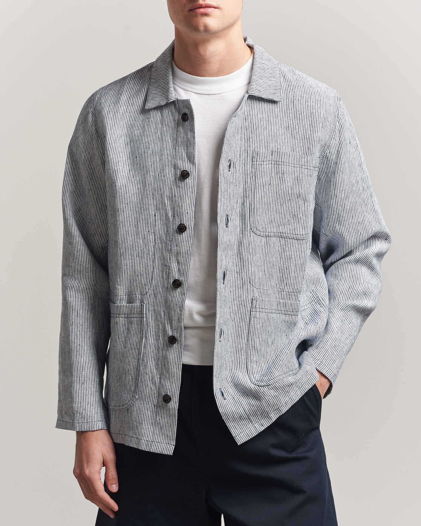 Heren | Overhemden | Peregrine | Windsor Linen Shacket Navy Stripe