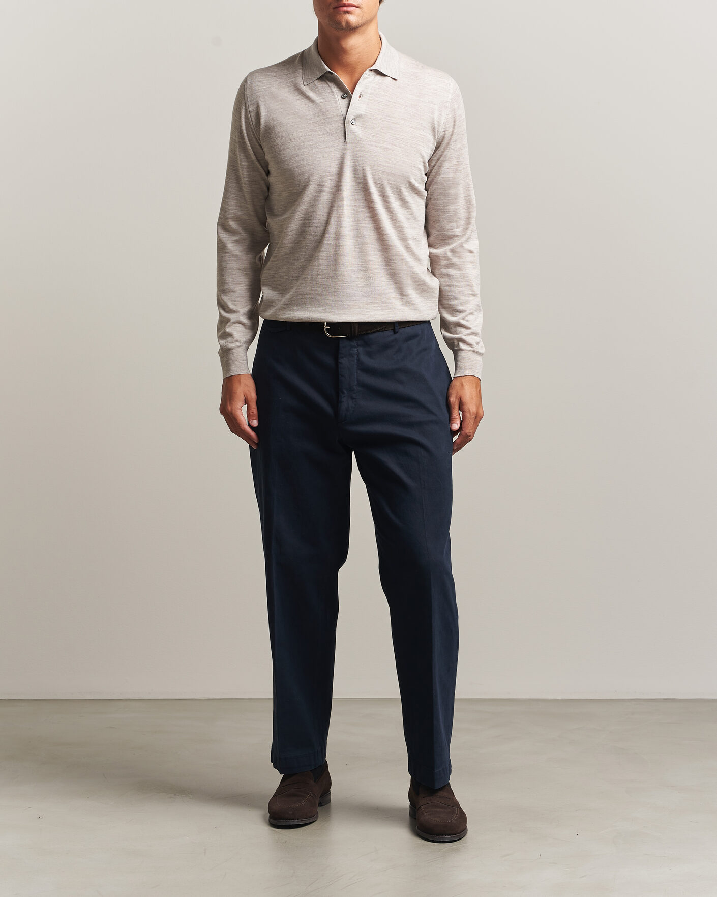Heren | Truien | Fedeli | 140s Fine Wool Long Sleeve Polo Beige Melange