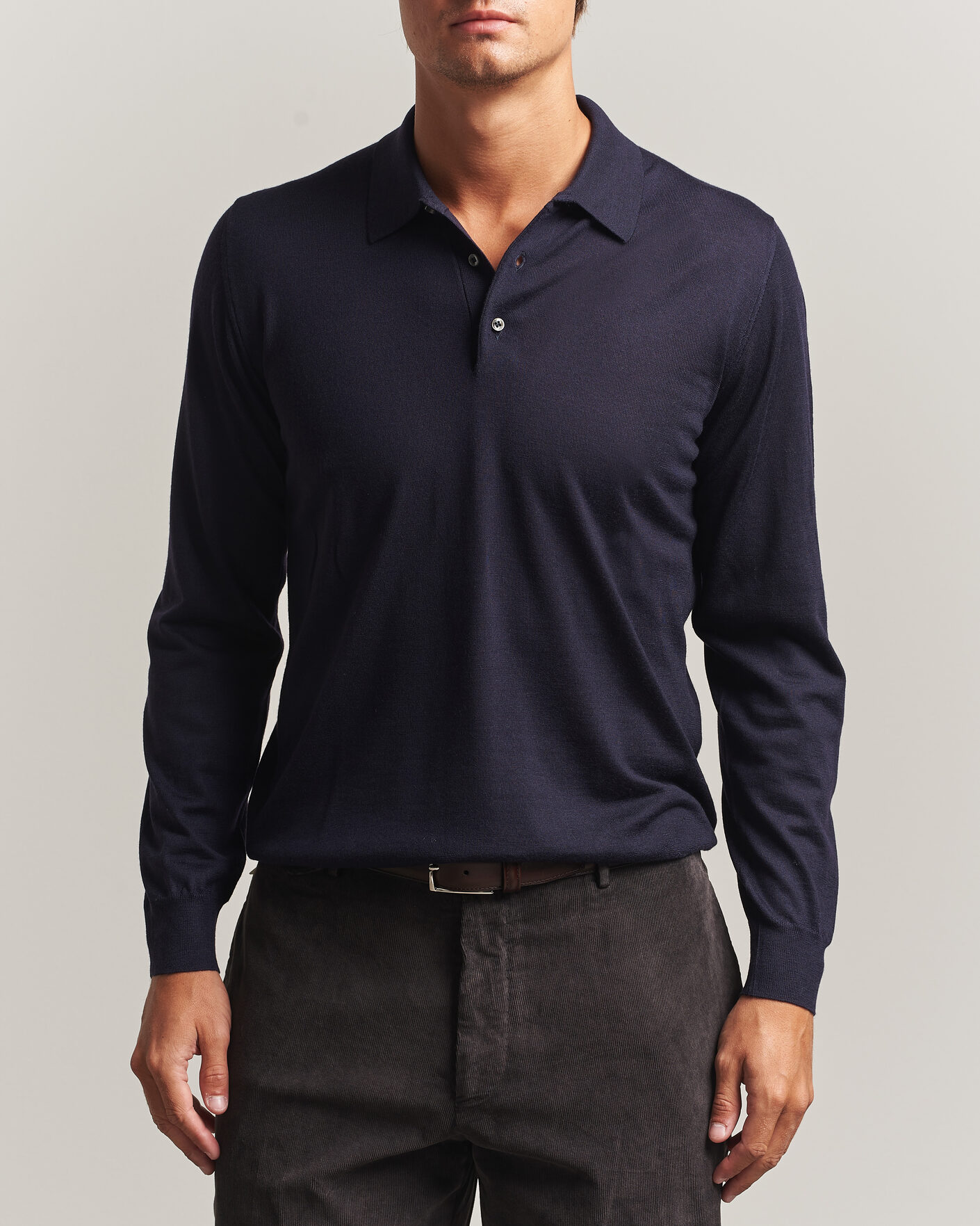 Heren | Truien | Fedeli | 140s Fine Wool Long Sleeve Polo Navy