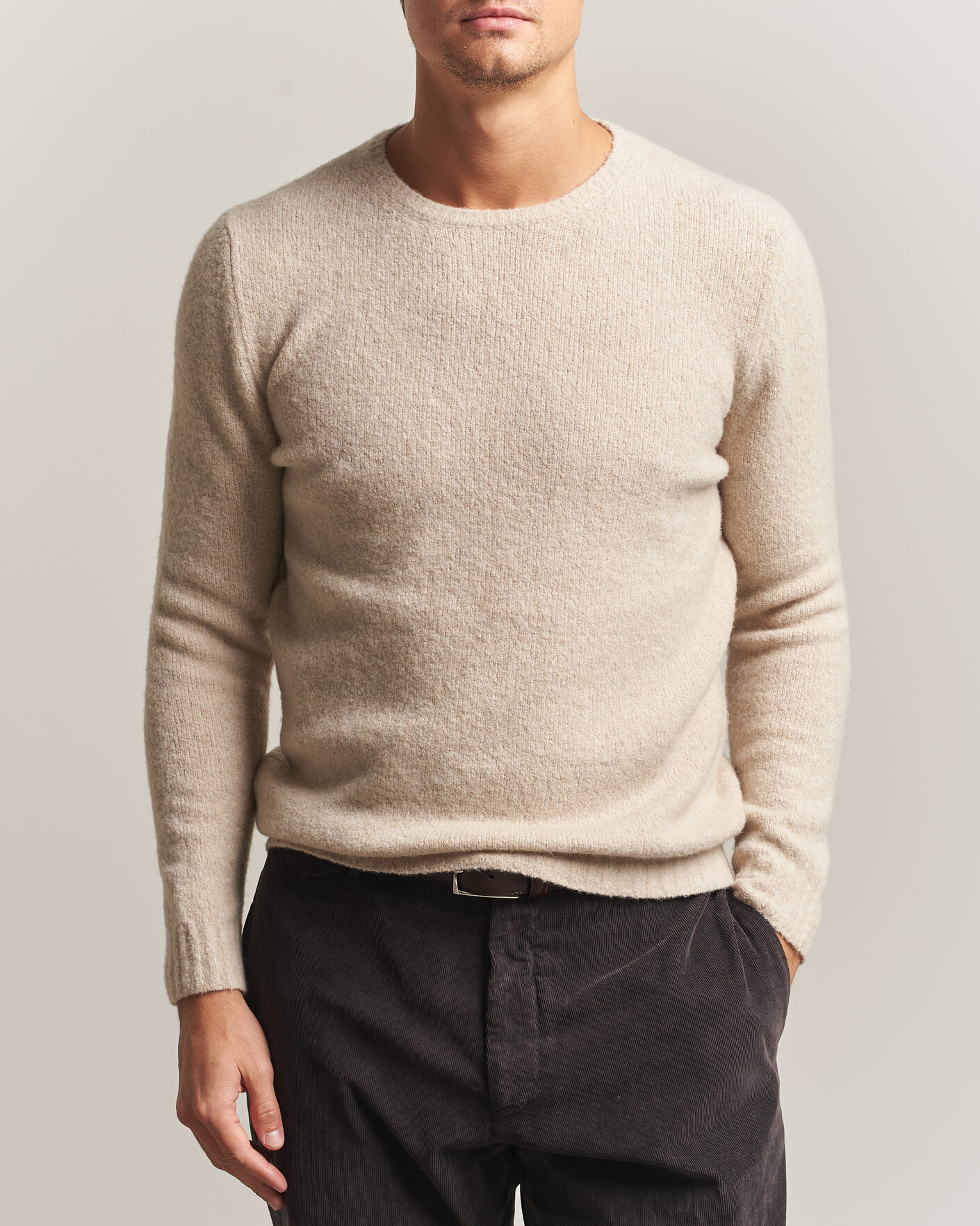 Heren | Truien | Fedeli | Cashmere Blend Boucle Sweater Light Grey