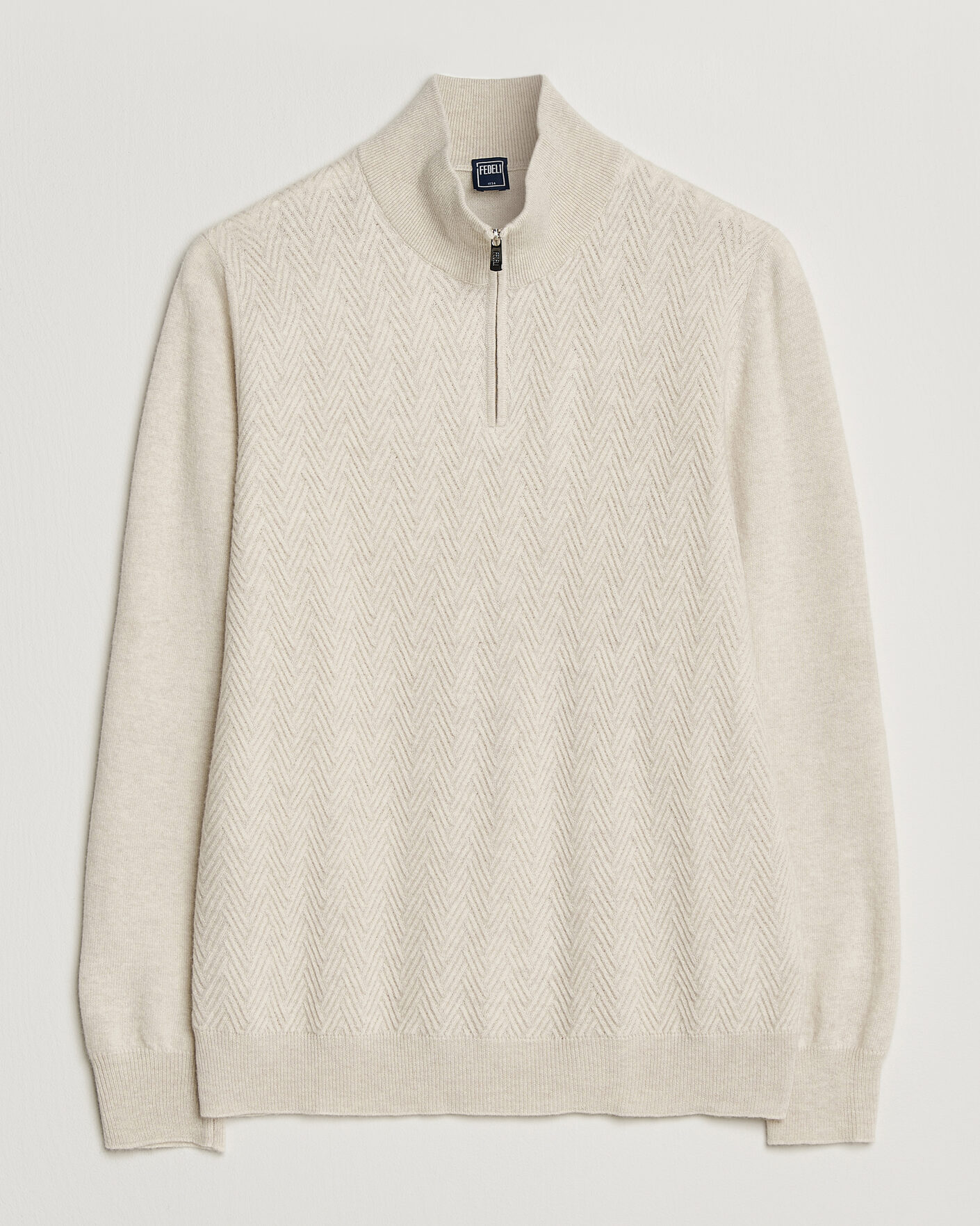 Heren | Truien | Fedeli | Wool/Cashmere Chevron Half Zip Light Beige