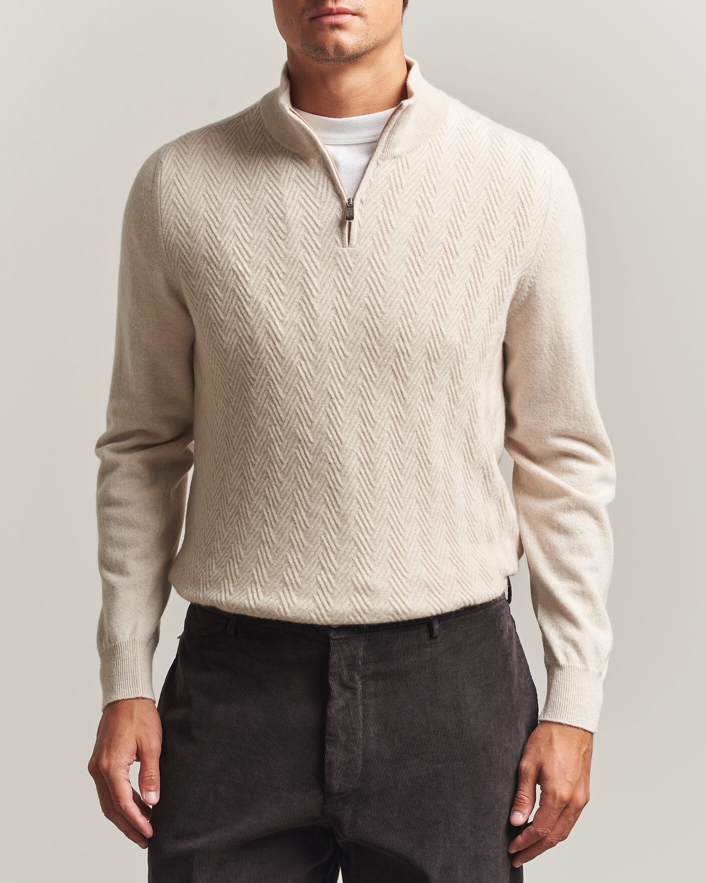 Heren | Truien | Fedeli | Wool/Cashmere Chevron Half Zip Light Beige