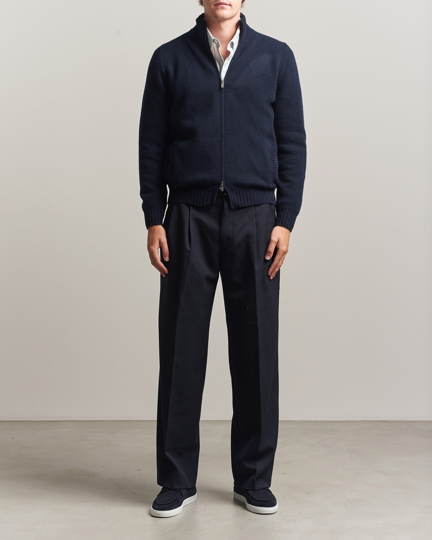 Heren | Truien | Fedeli | Wool/Cashmere Honeycomb Full Zip Navy