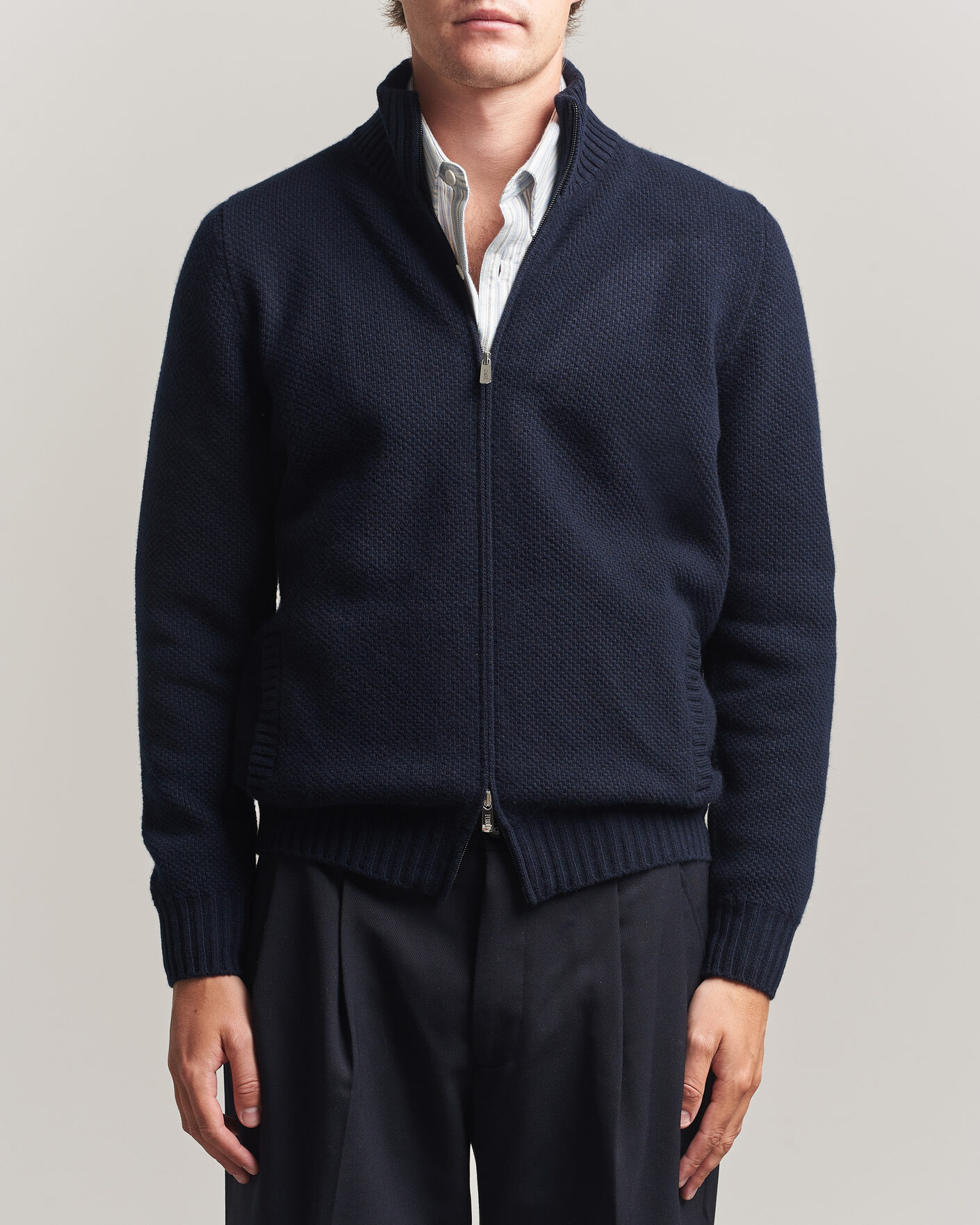 Heren | Truien | Fedeli | Wool/Cashmere Honeycomb Full Zip Navy
