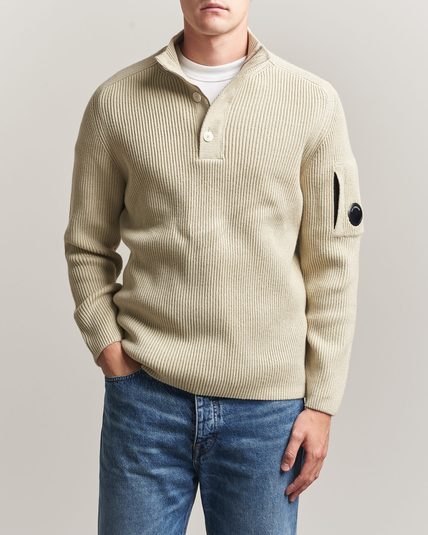 Heren | Truien | C.P. Company | Full Rib Knitted Cotton Half Button Light Grey