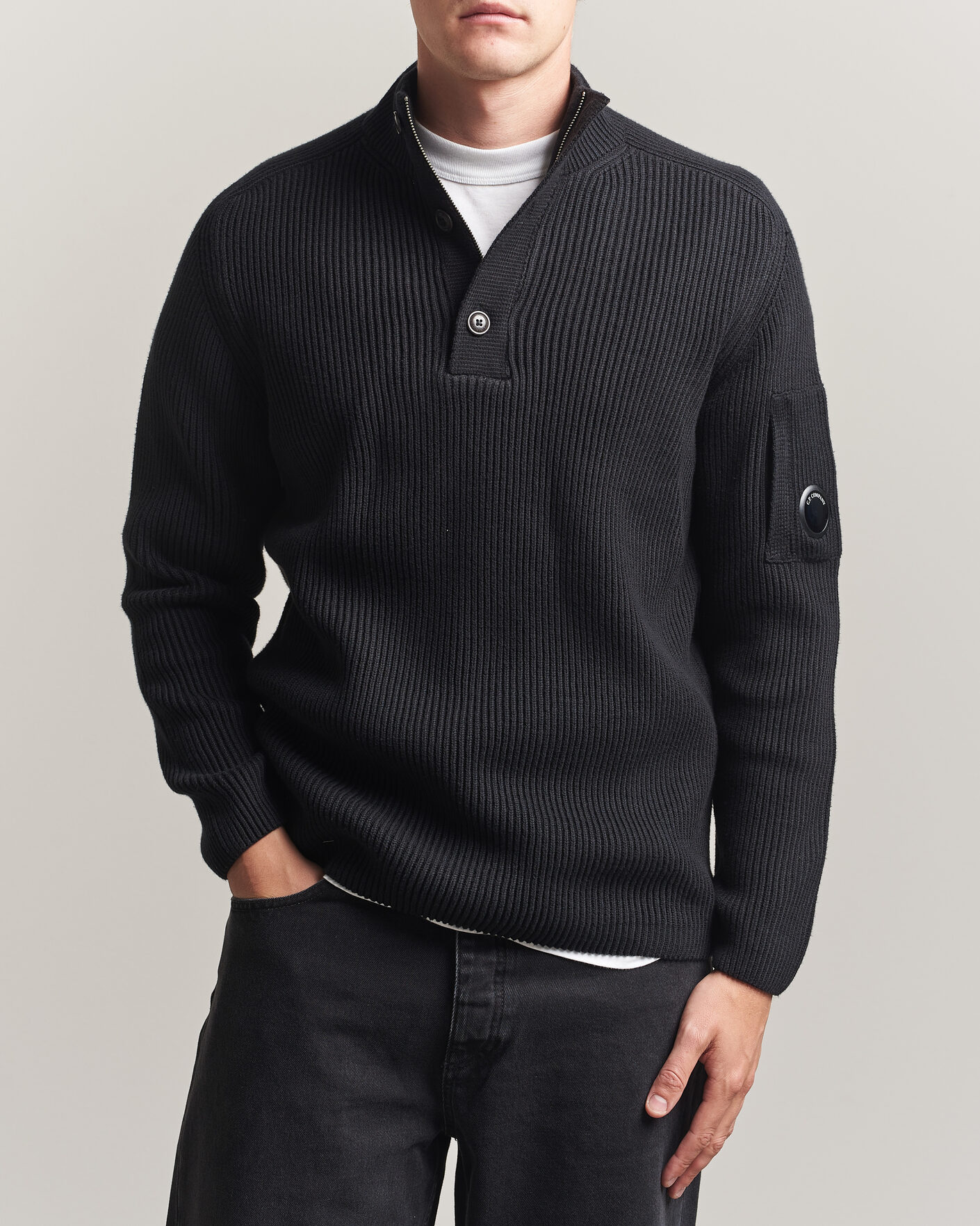 Heren | Truien | C.P. Company | Full Rib Knitted Cotton Half Button Black