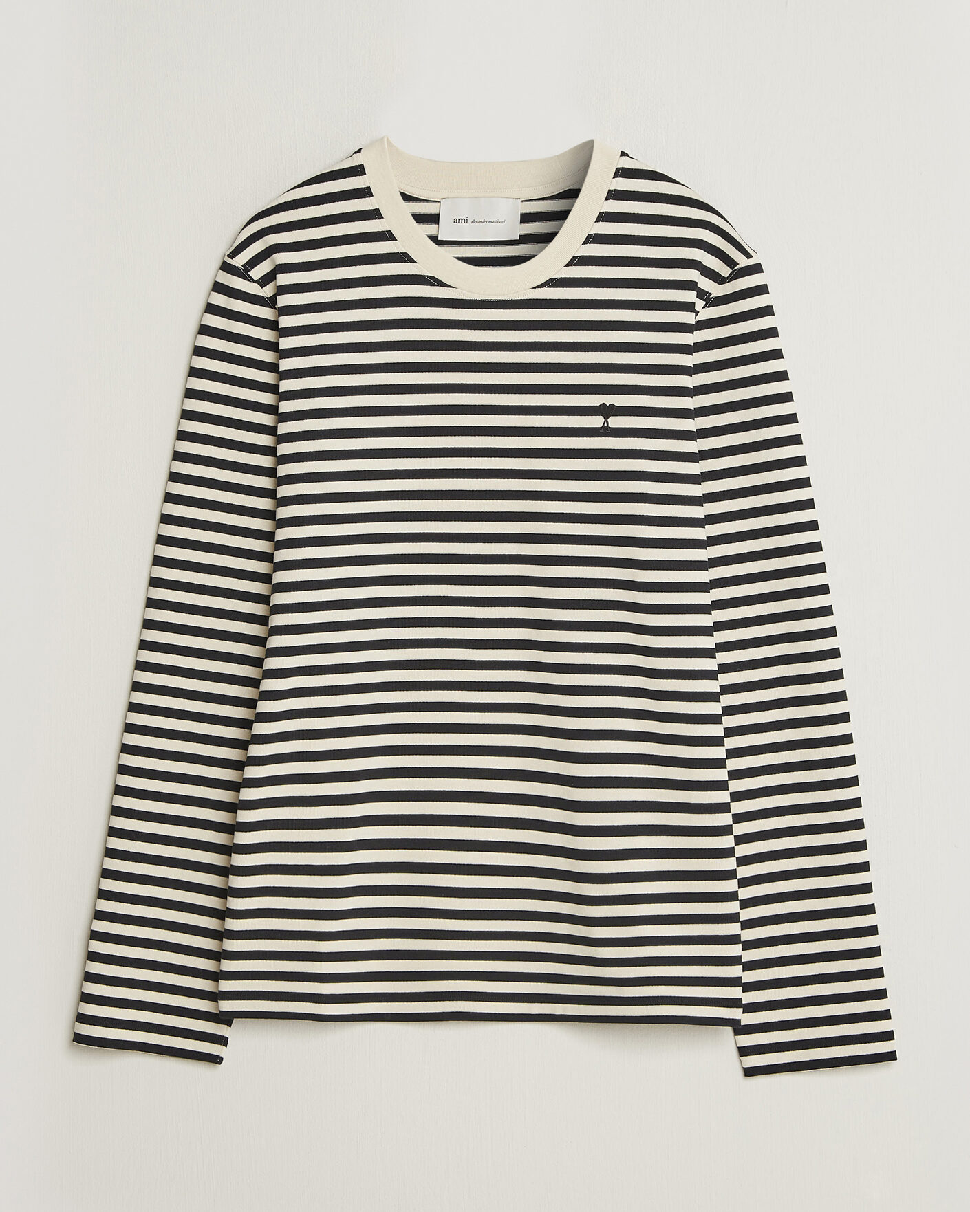 Heren | T-shirts | AMI | Black Heart Logo Striped Long Sleeve T-Shirt Black/Ivory