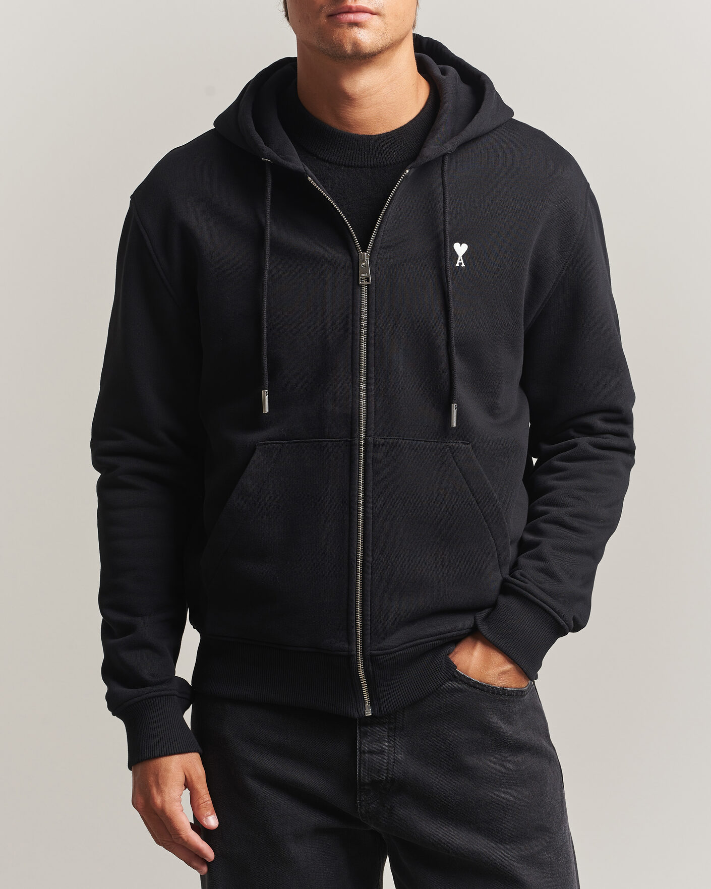 Heren | Truien | AMI | Contrasted Heart Logo Full Zip Hoodie Black