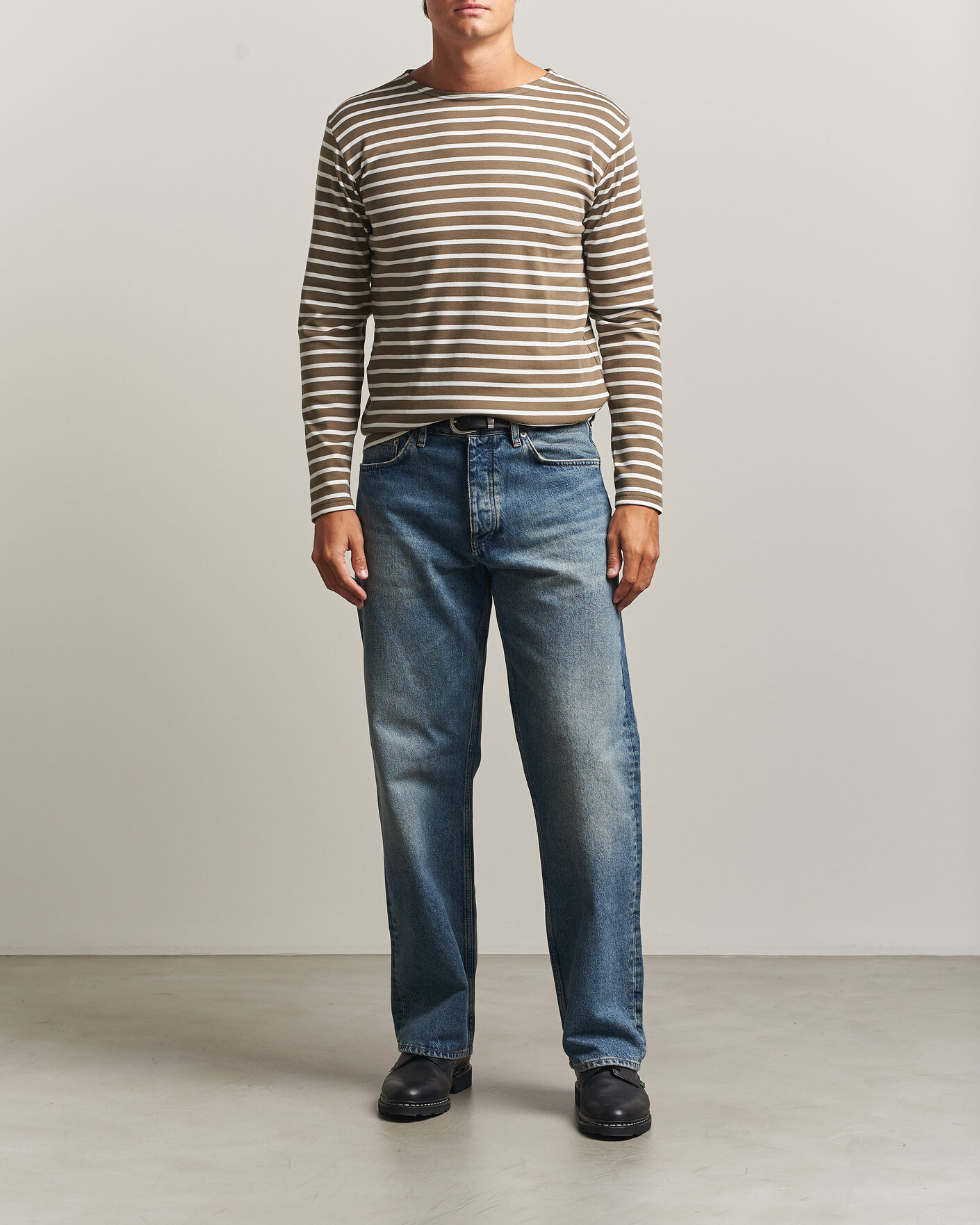 Heren | T-shirts | Armor-lux | Houat Héritage Stripe Long Sleeve T-Shirt Olive/Milk