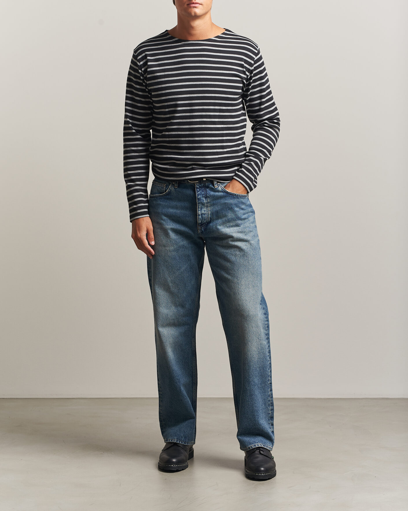 Heren | T-shirts | Armor-lux | Houat Héritage Stripe Long Sleeve T-Shirt Black/Grey