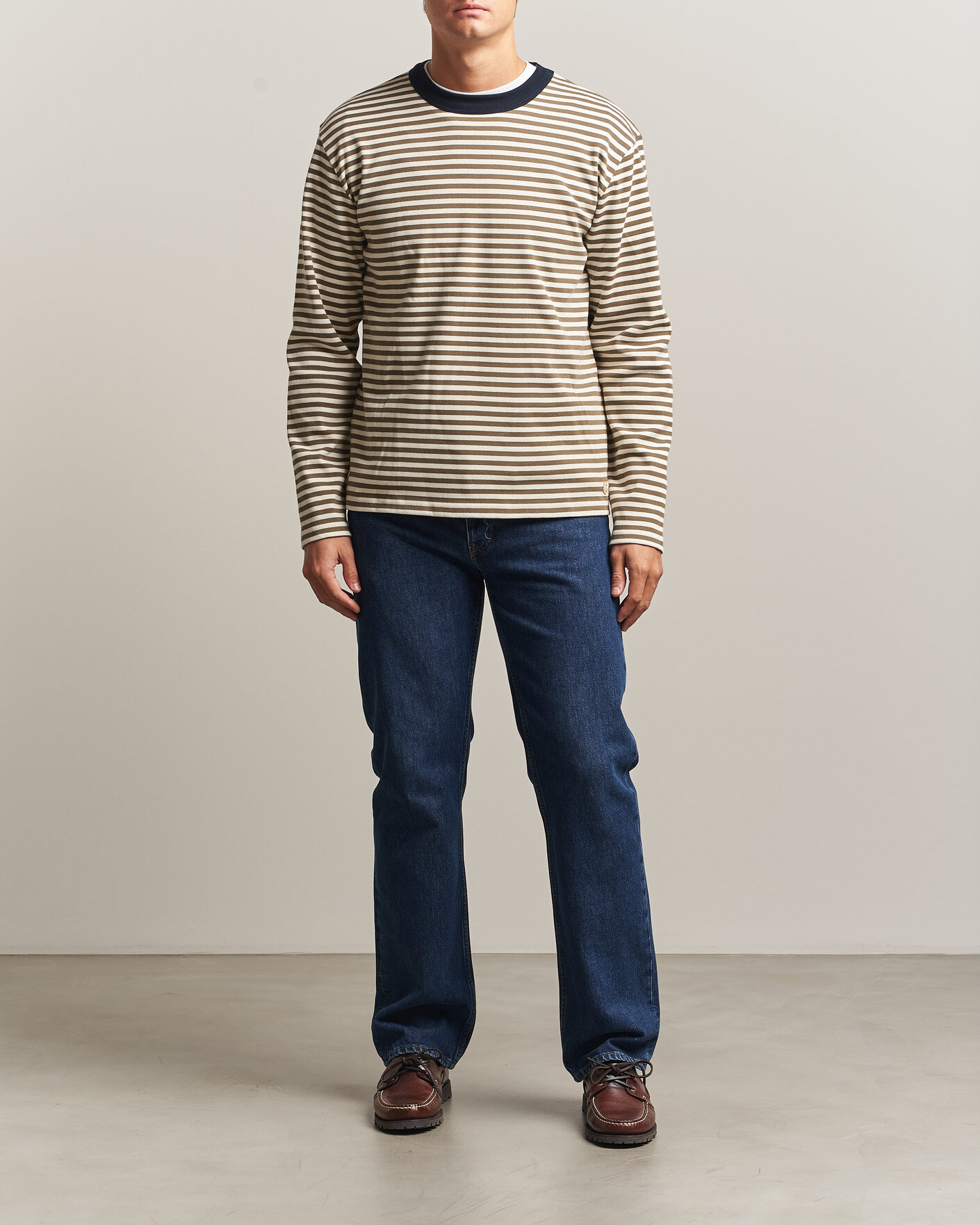 Heren | T-shirts | Armor-lux | Héritage Striped Long Sleeve T-Shirt Olive/Milk