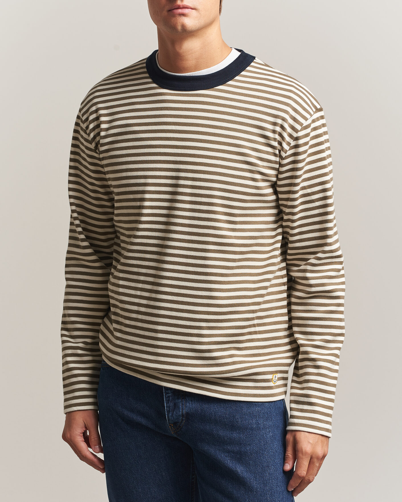Heren | T-shirts | Armor-lux | Héritage Striped Long Sleeve T-Shirt Olive/Milk