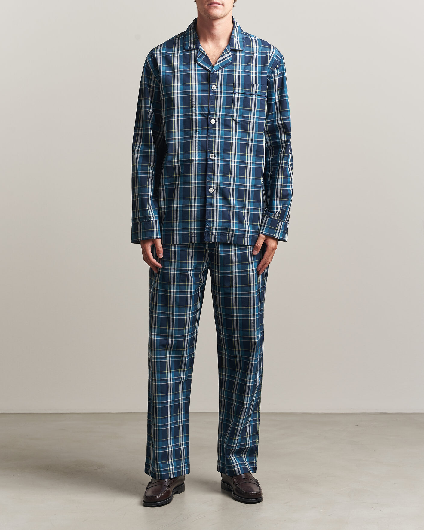 Heren | Pyjama's en gewaden | Derek Rose | Piped Checked Cotton Pyjama Set Navy