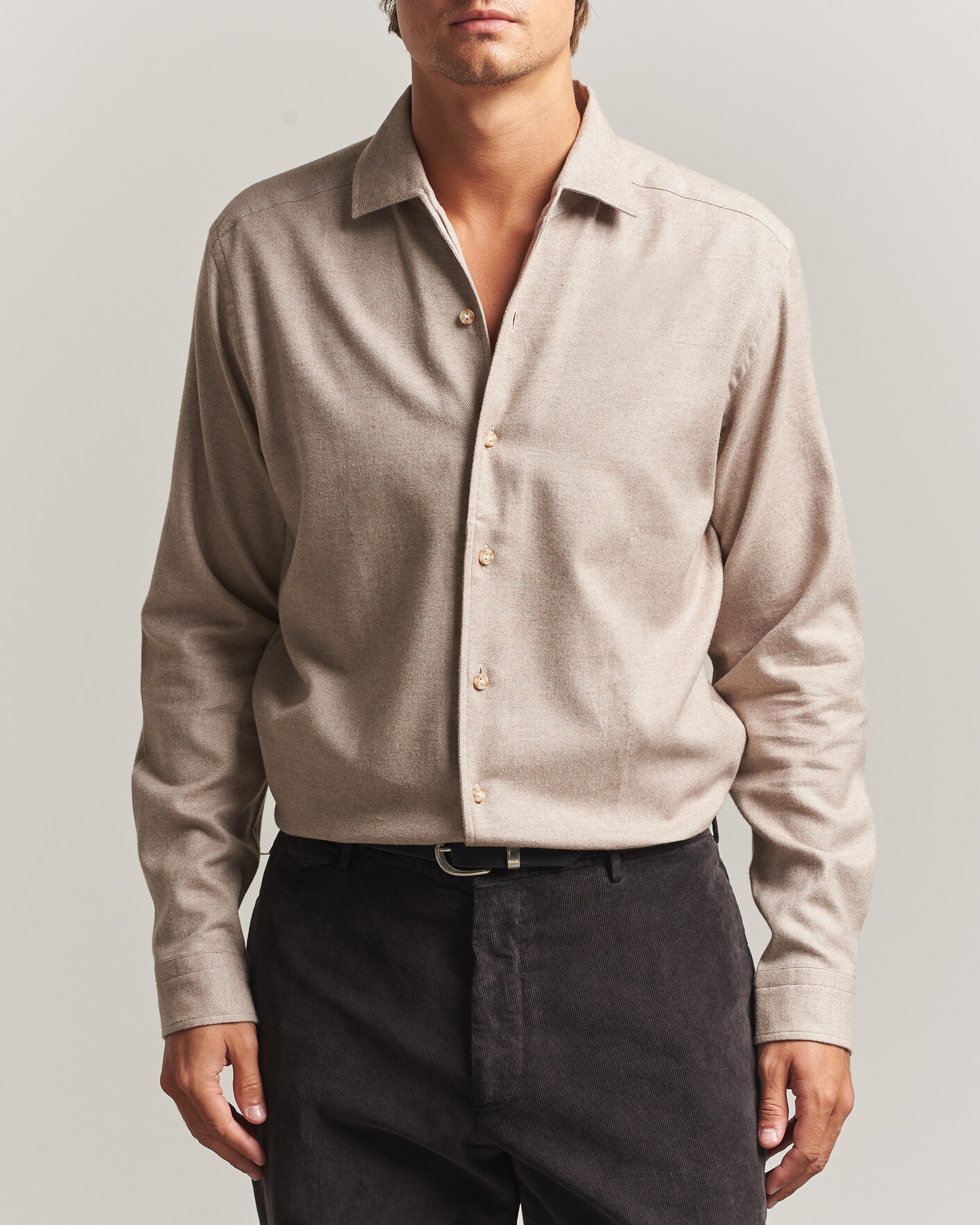 Heren | Overhemden | Eton | Casual Fit One Piece Collar Flannel Shirt Beige