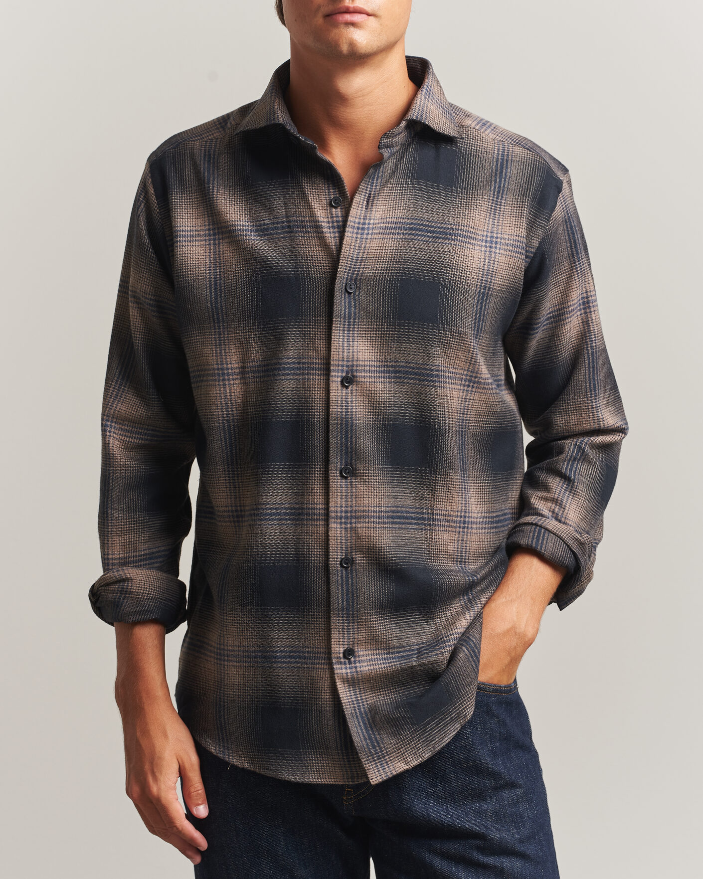 Heren | Overhemden | Eton | Casual Fit Checked Flannel Shirt Navy Blue
