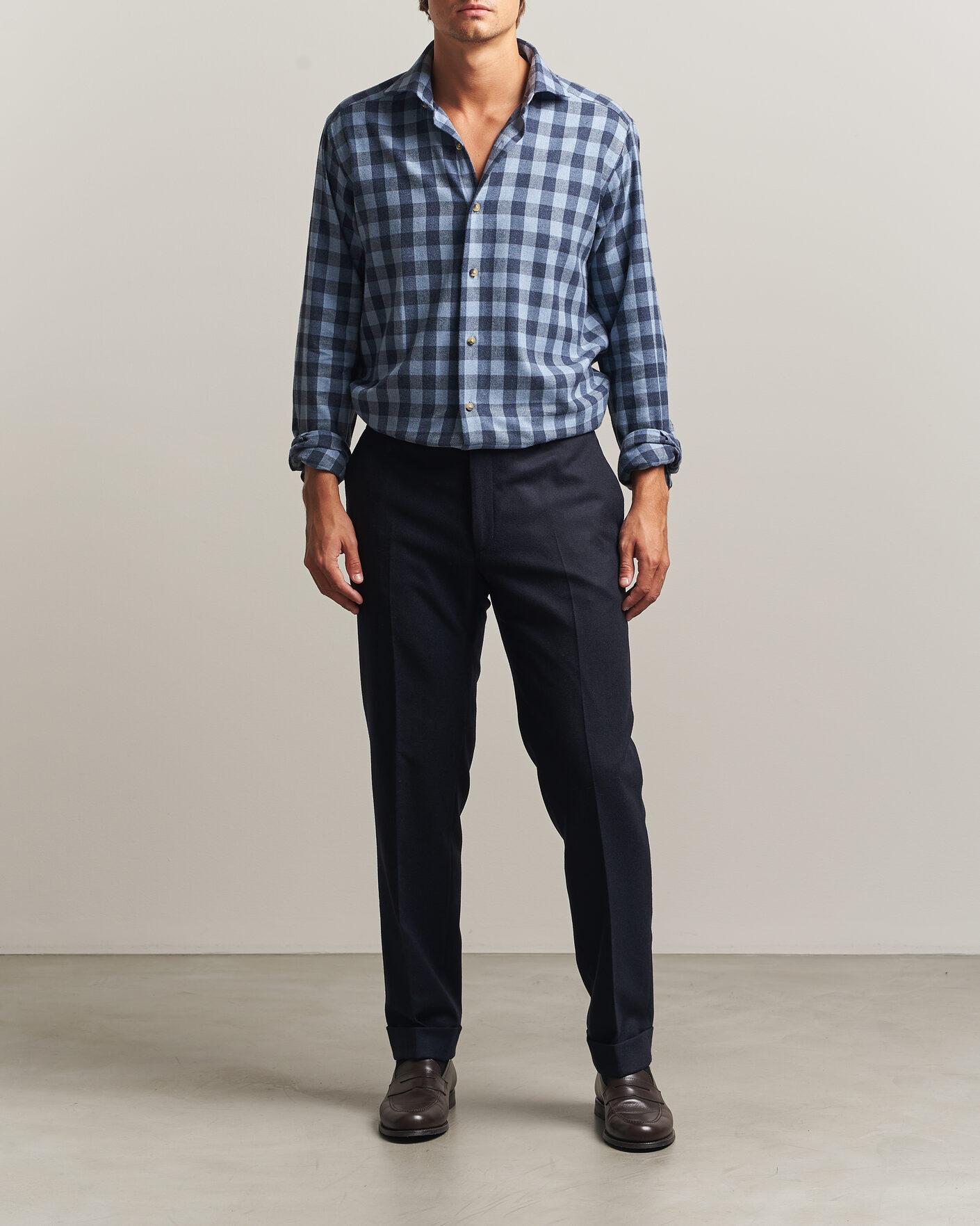 Heren | Overhemden | Eton | Casual Fit Checked Flannel Shirt Mid Blue