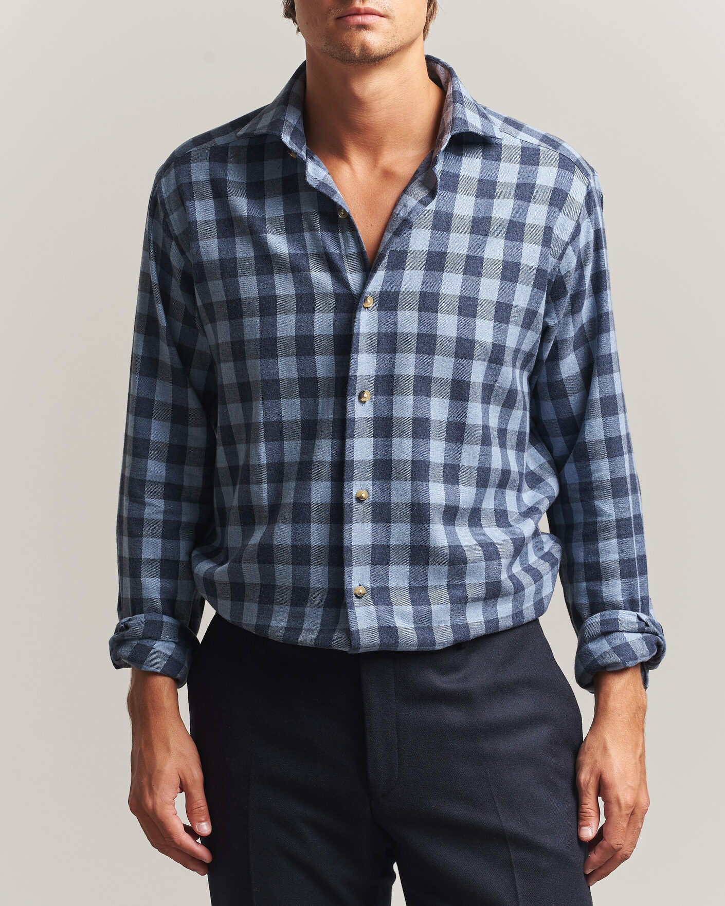 Heren | Overhemden | Eton | Casual Fit Checked Flannel Shirt Mid Blue