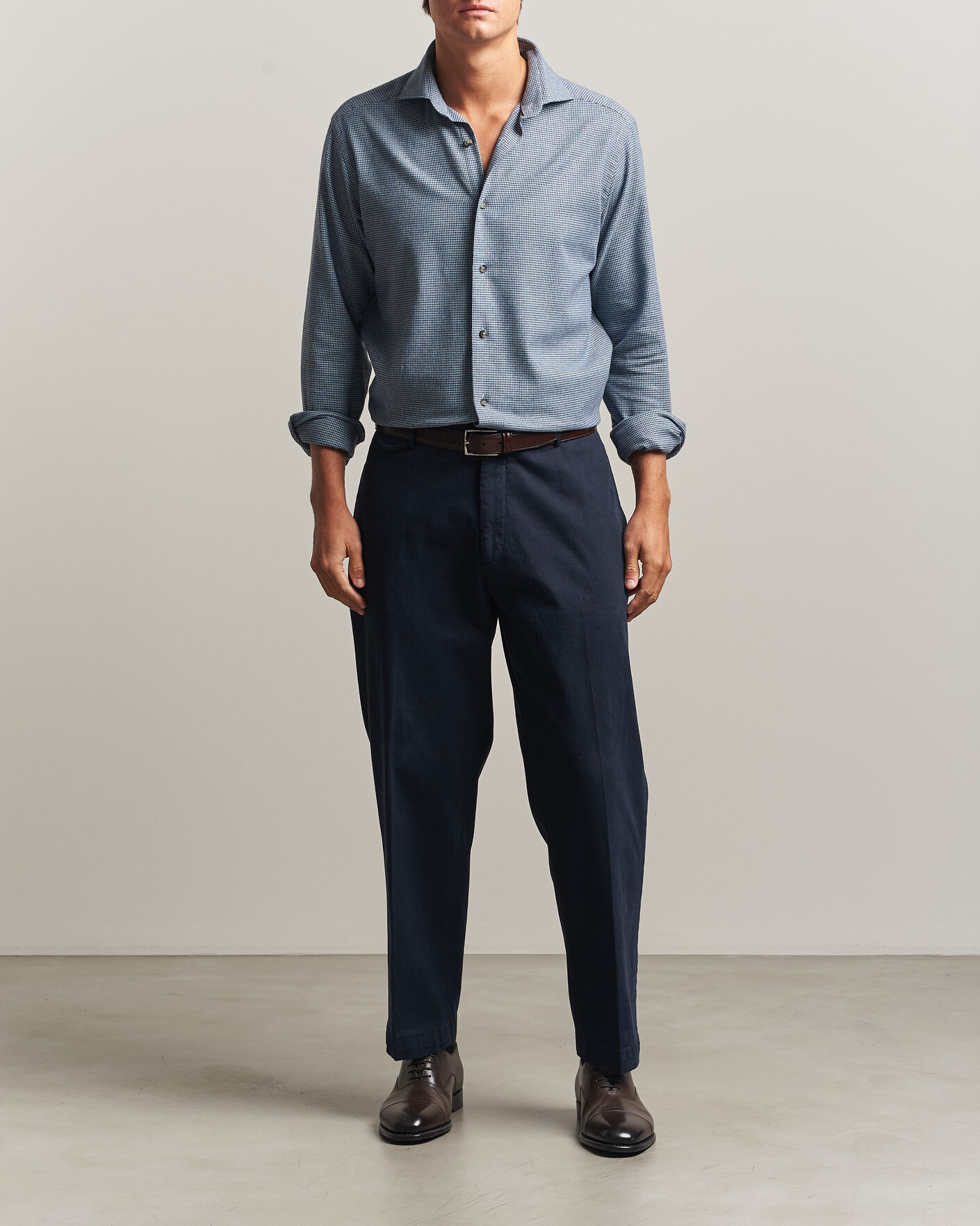 Heren | Overhemden | Eton | Casual Fit Houndstooth Flannel Shirt Mid Blue