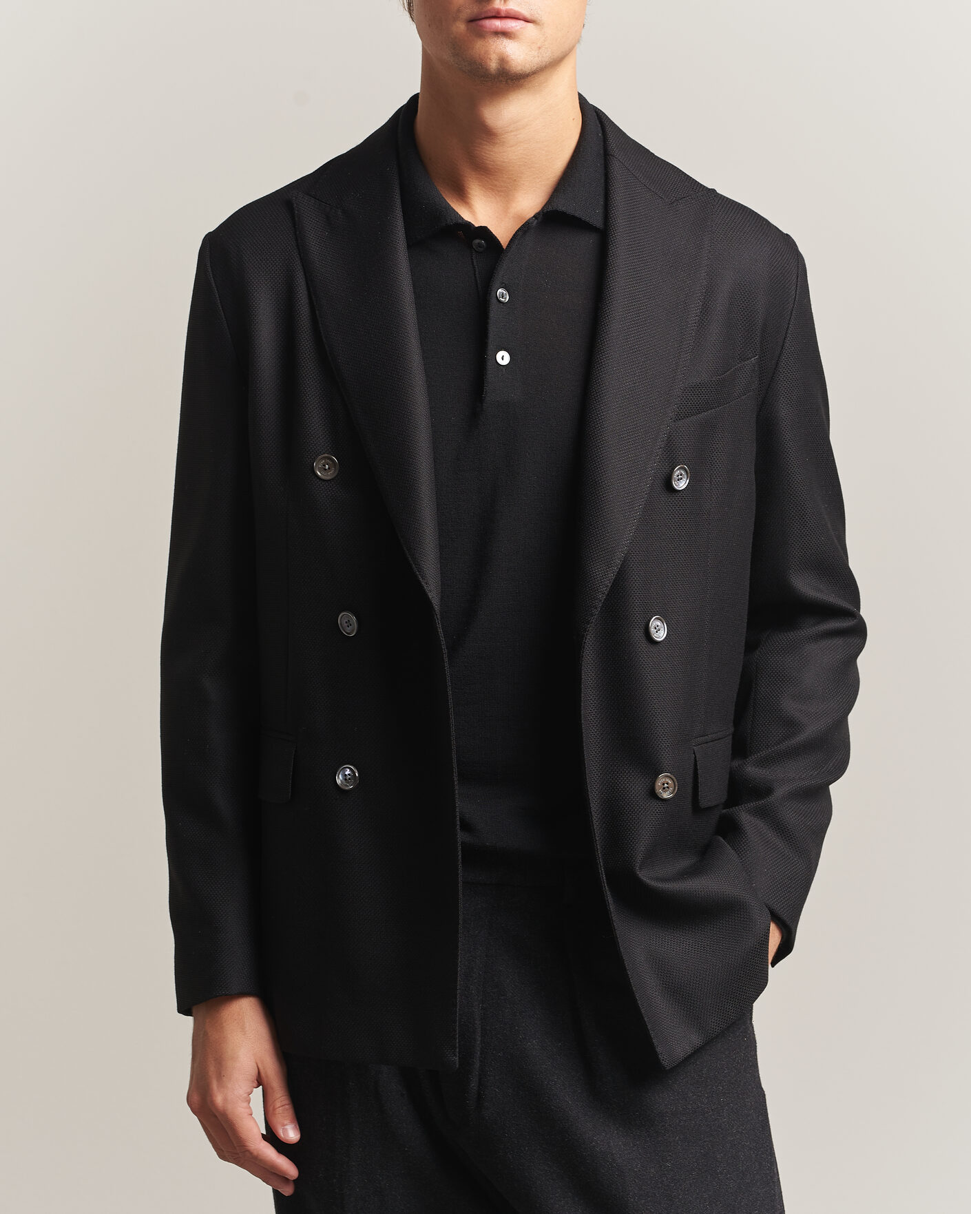 Heren | Blazers | Eton | Double Breasted Hopsack Soft jacket Black