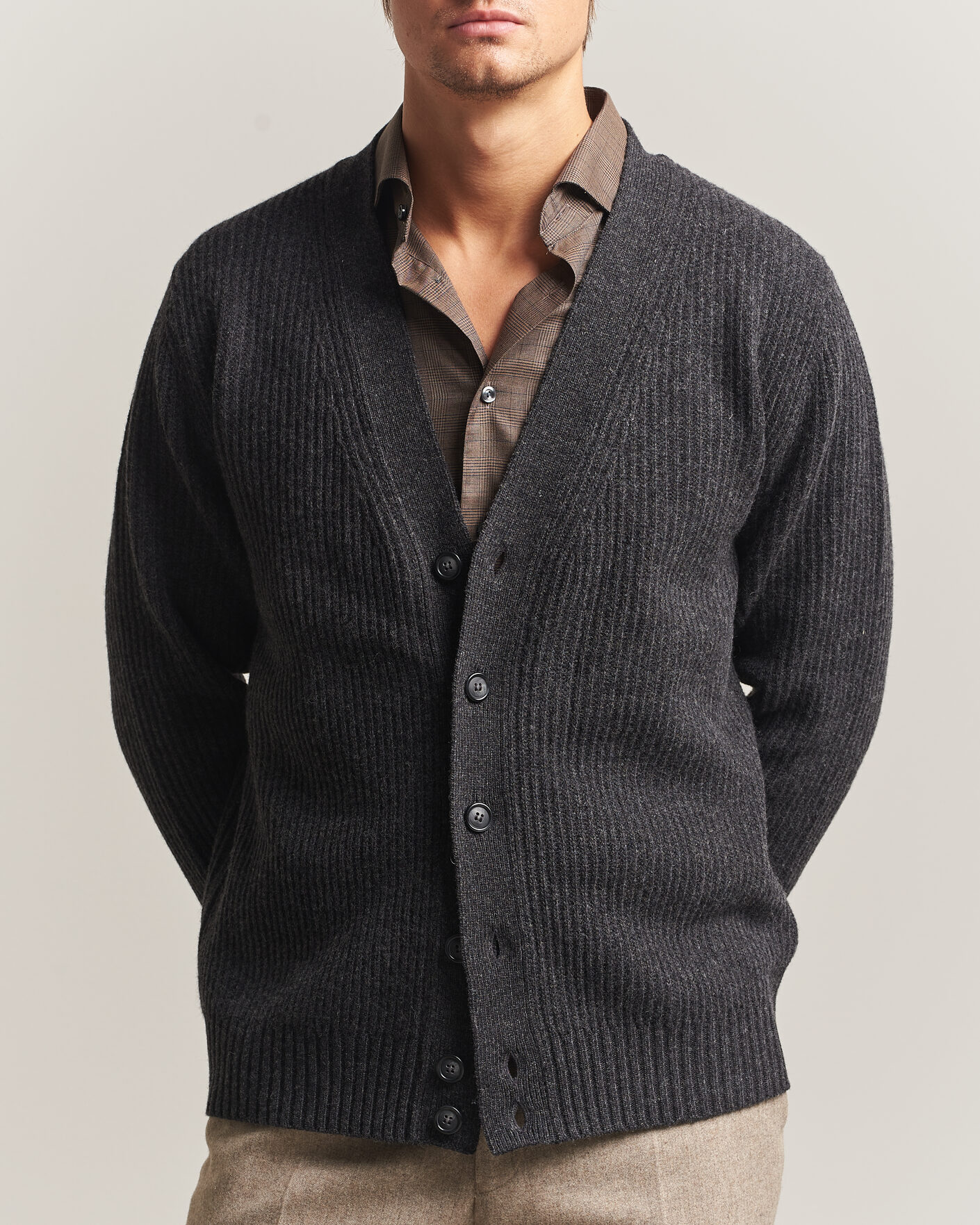 Heren | Truien | Eton | Merino Wool Rib Cardigan Dark Grey