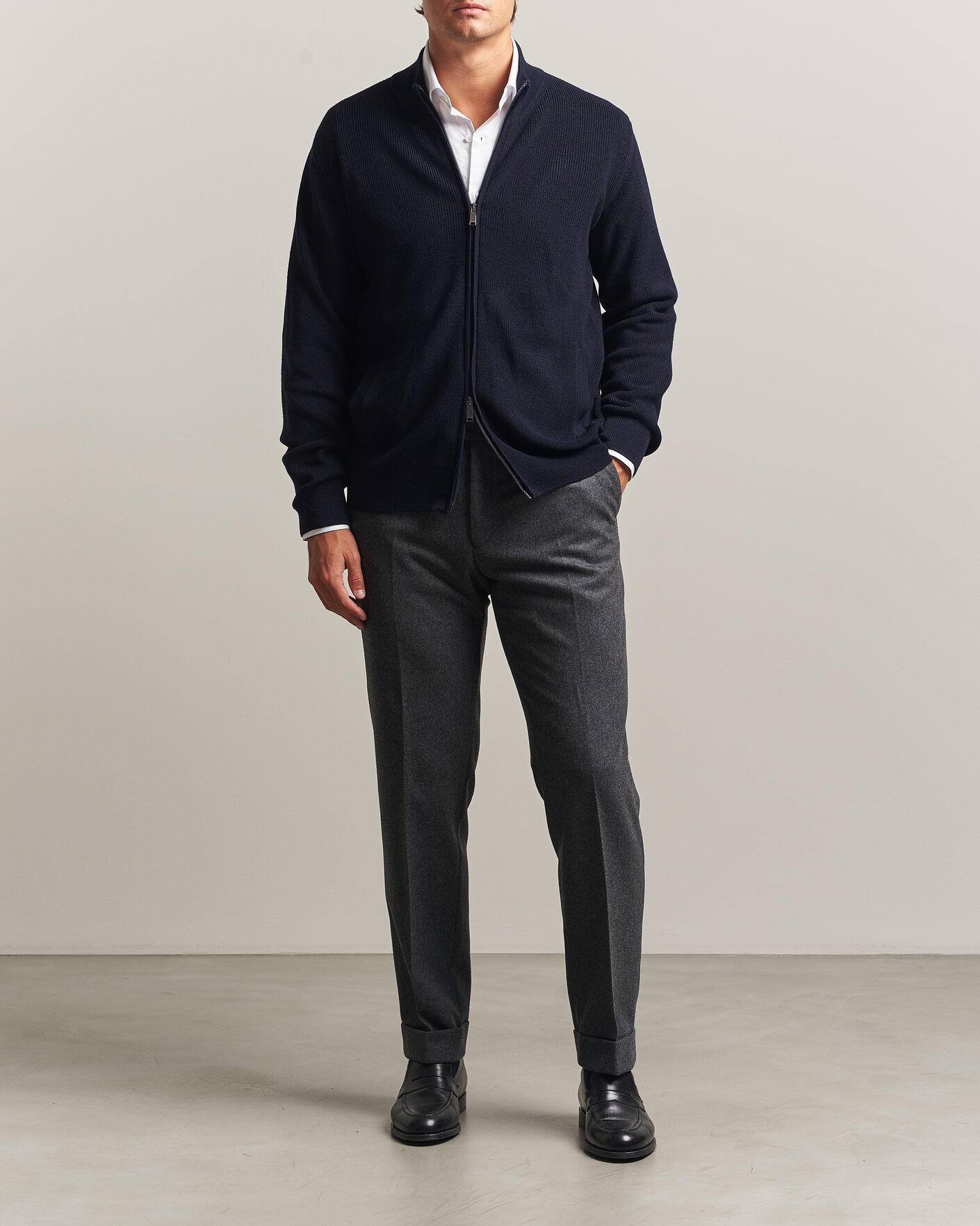 Heren | Truien | Eton | Merino Wool Knitted Full Zip Navy Blue