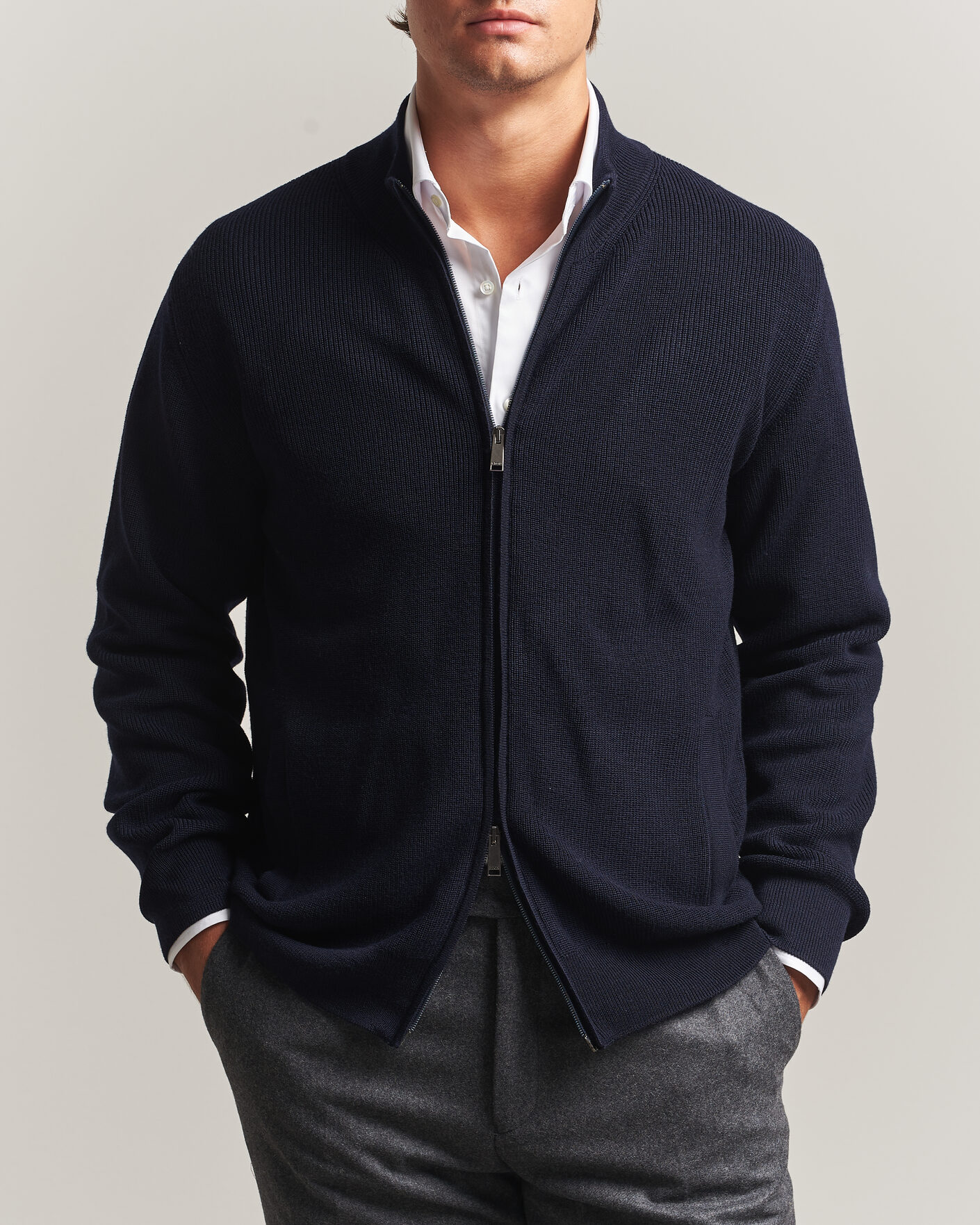 Heren | Truien | Eton | Merino Wool Knitted Full Zip Navy Blue