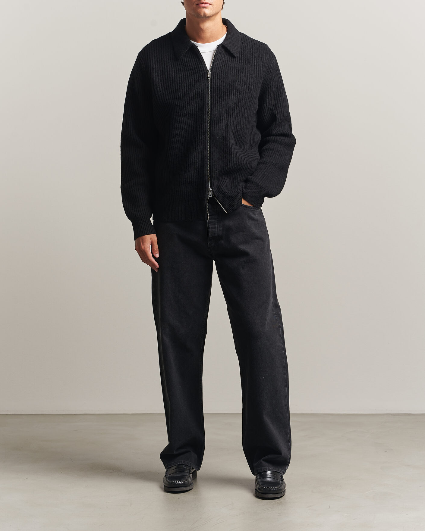Heren | Truien | Filippa K | Ribbed Wool Knitted Full Zip Black