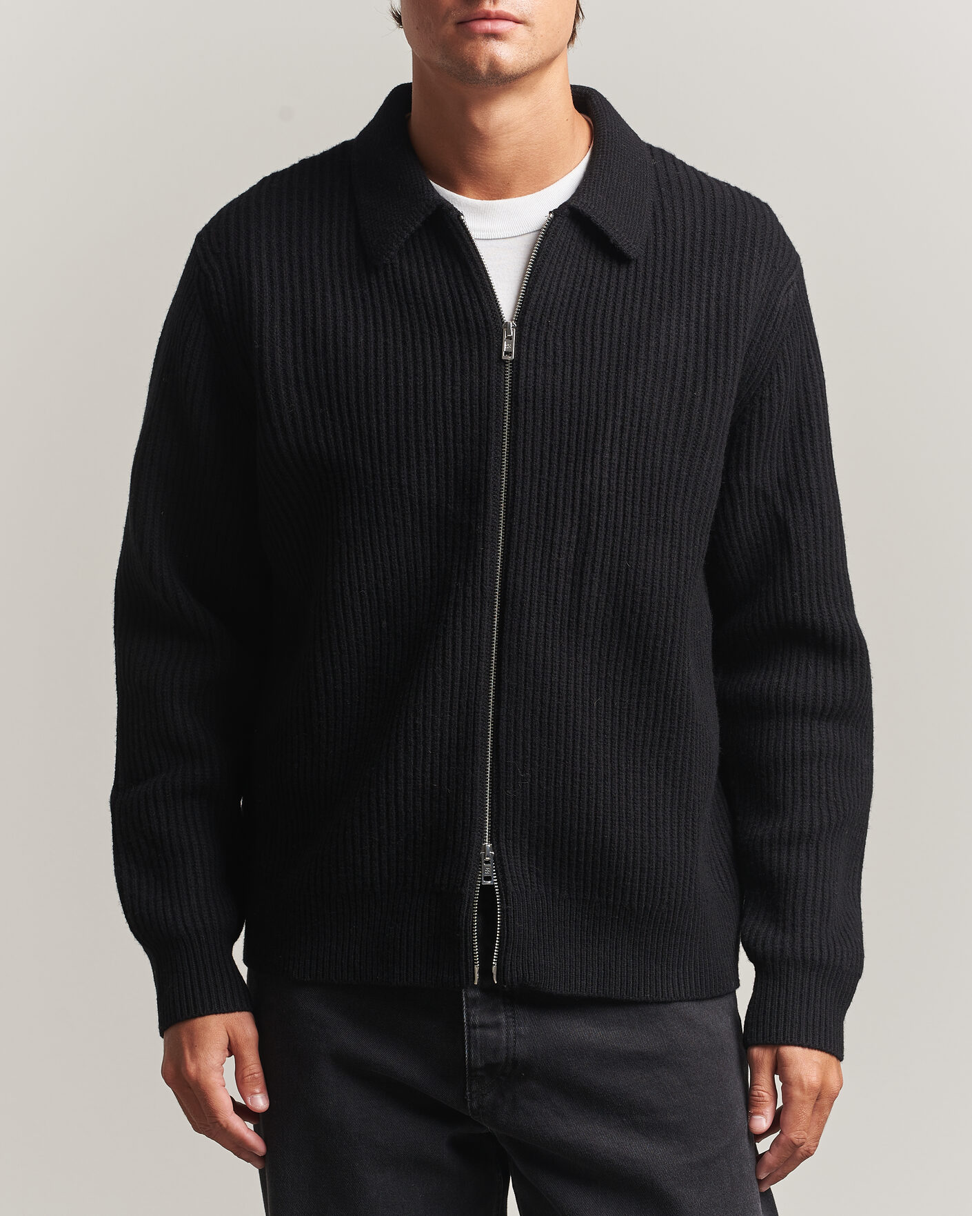 Heren | Truien | Filippa K | Ribbed Wool Knitted Full Zip Black