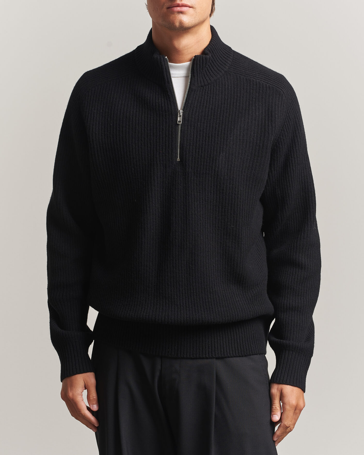 Heren | Truien | Filippa K | Ribbed Wool Knitted Half Zip Black