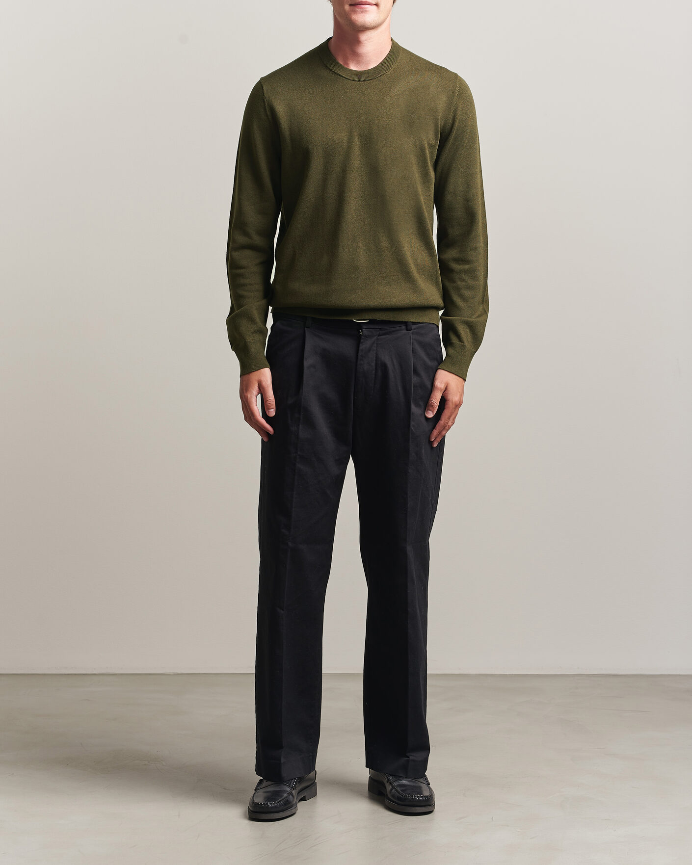 Heren | Truien | Filippa K | Cotton Merino Knitted Sweater Dark Moss Green