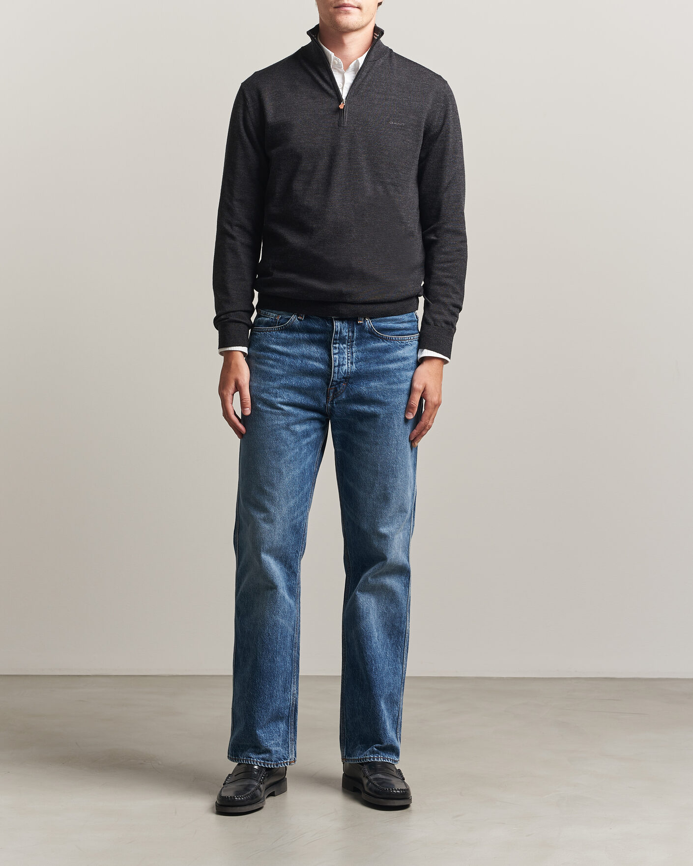 Heren | Truien | Gant | Extrafine Merino Knitted Half Zip Dark Charcoal Melange