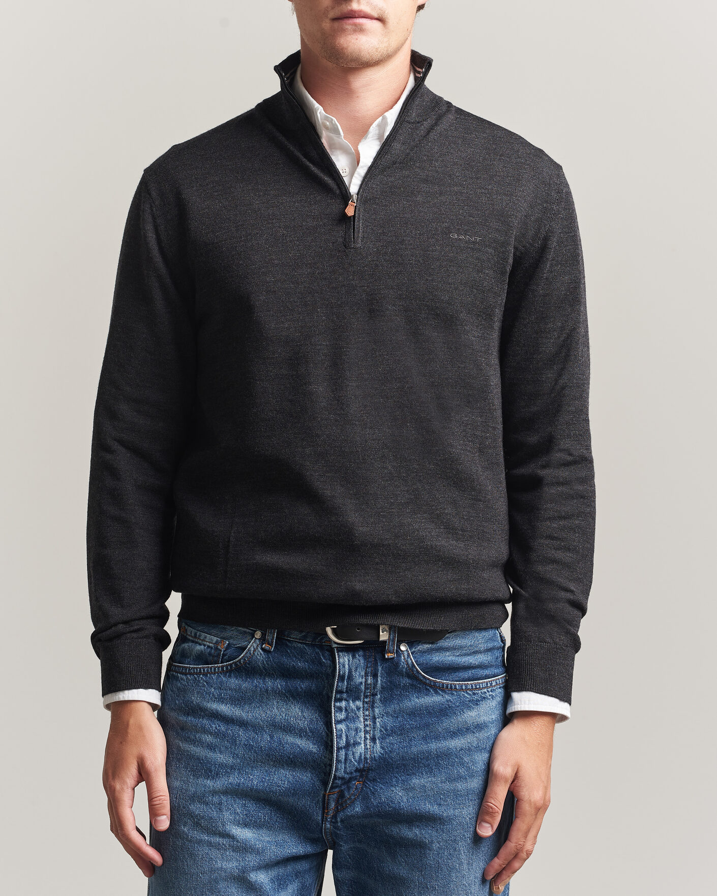 Gant Extrafine Merino Knitted Half Zip Dark Charcoal Melange | Man