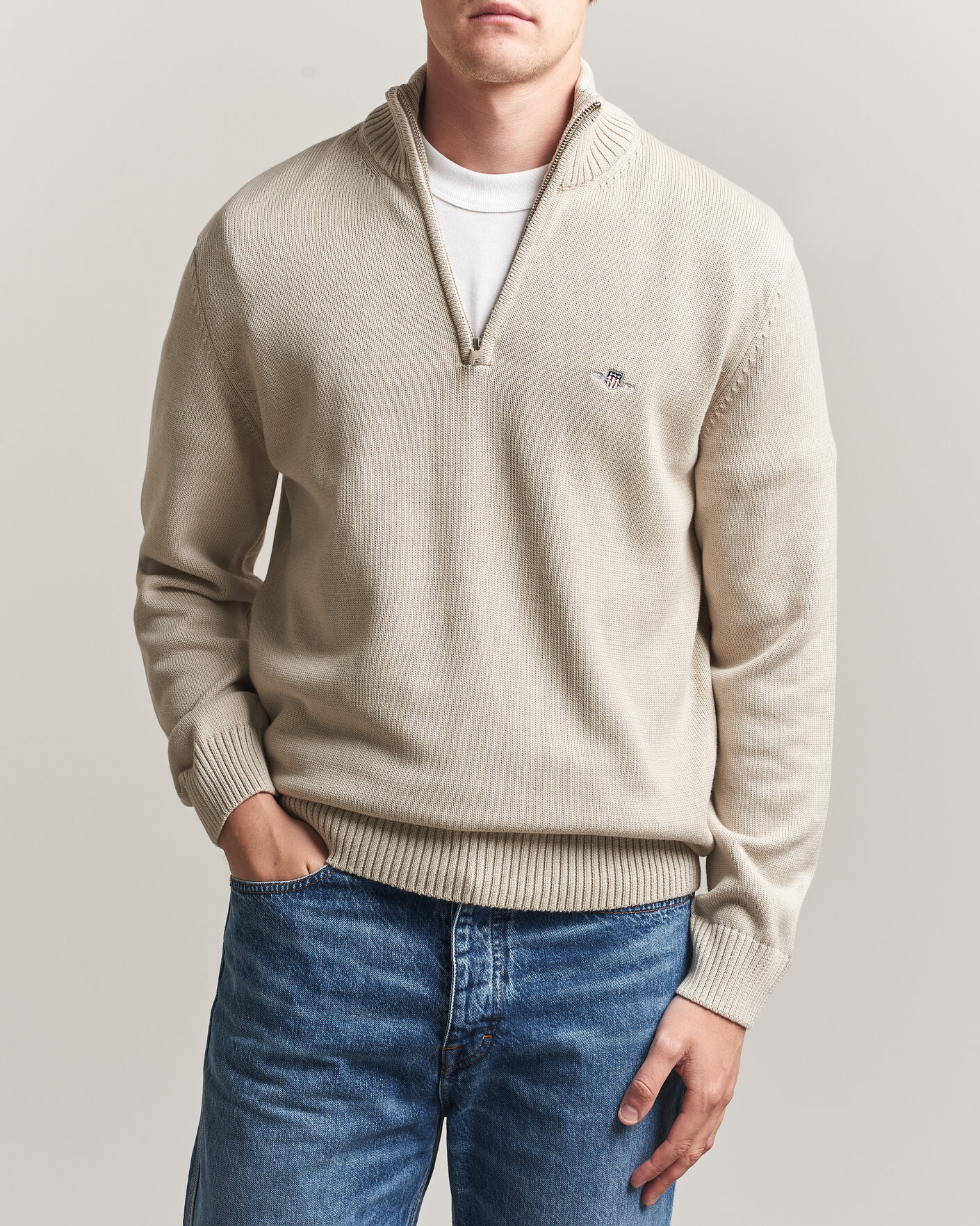 Heren | Truien | Gant | Casual Cotton Knitted Half Zip Clay Beige