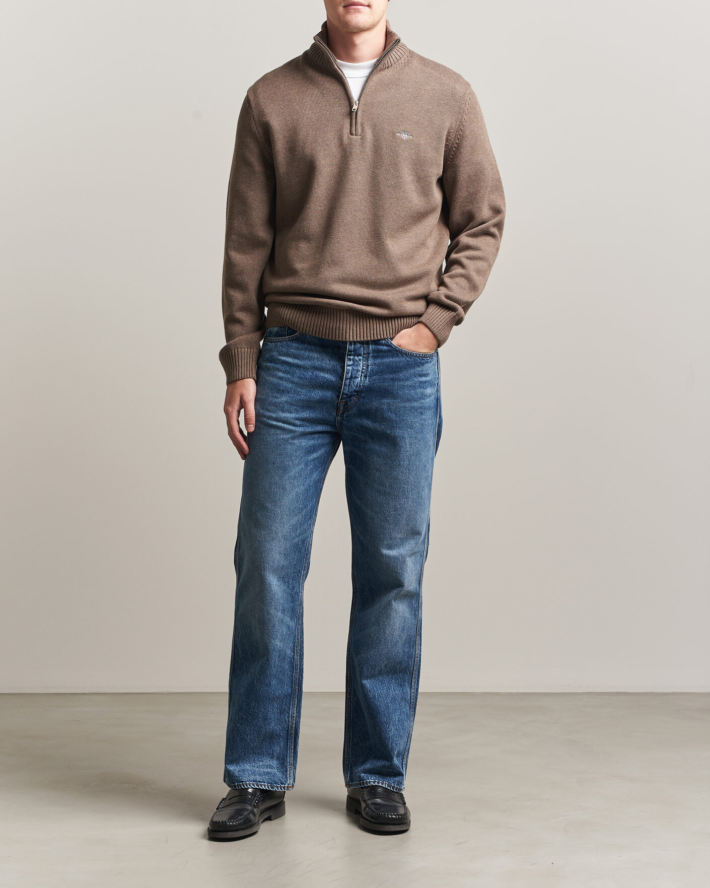 Heren | Truien | Gant | Casual Cotton Knitted Half Zip Dark Hazelnut Melange
