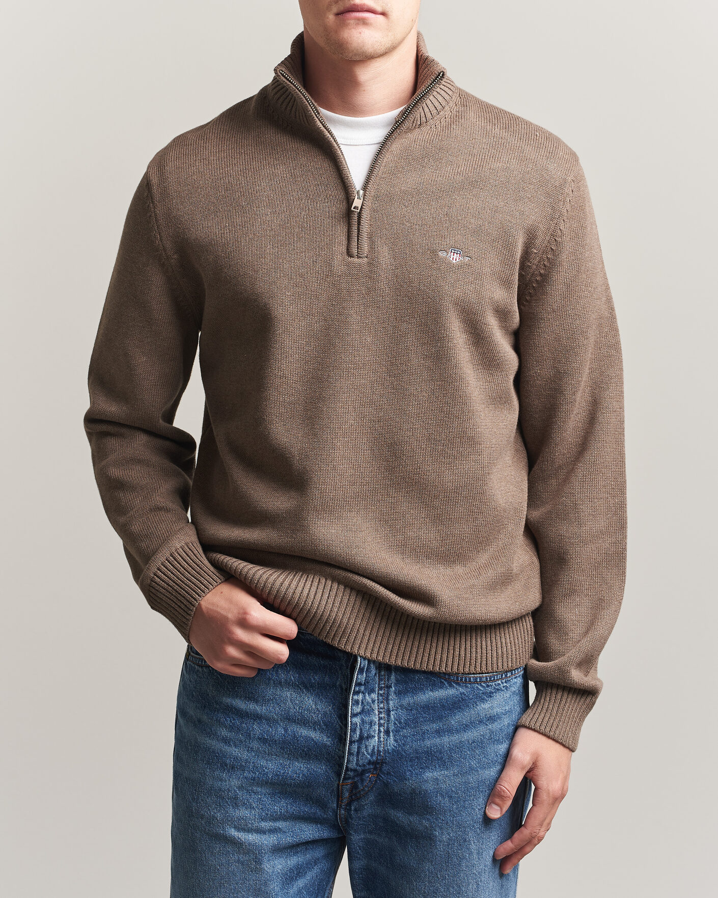 Heren | Truien | Gant | Casual Cotton Knitted Half Zip Dark Hazelnut Melange