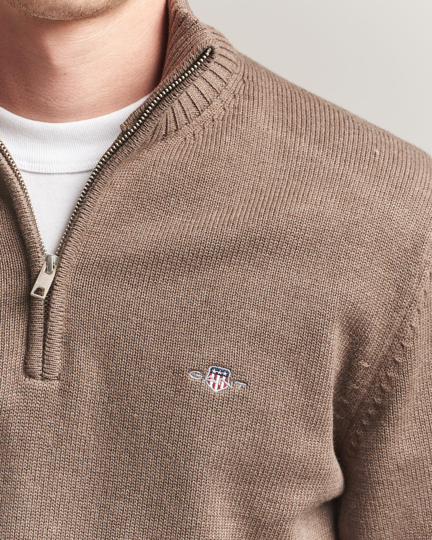 Heren | Truien | Gant | Casual Cotton Knitted Half Zip Dark Hazelnut Melange