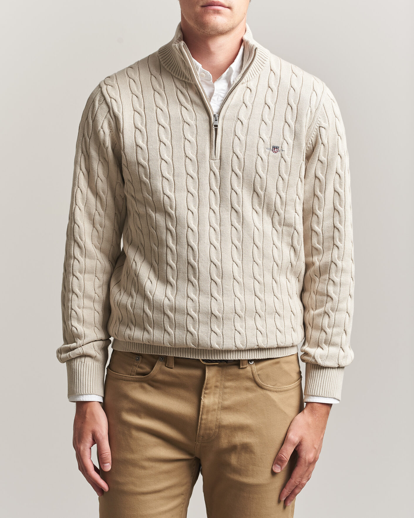 Heren | Truien | Gant | Cotton Cable Half Zip Clay Beige