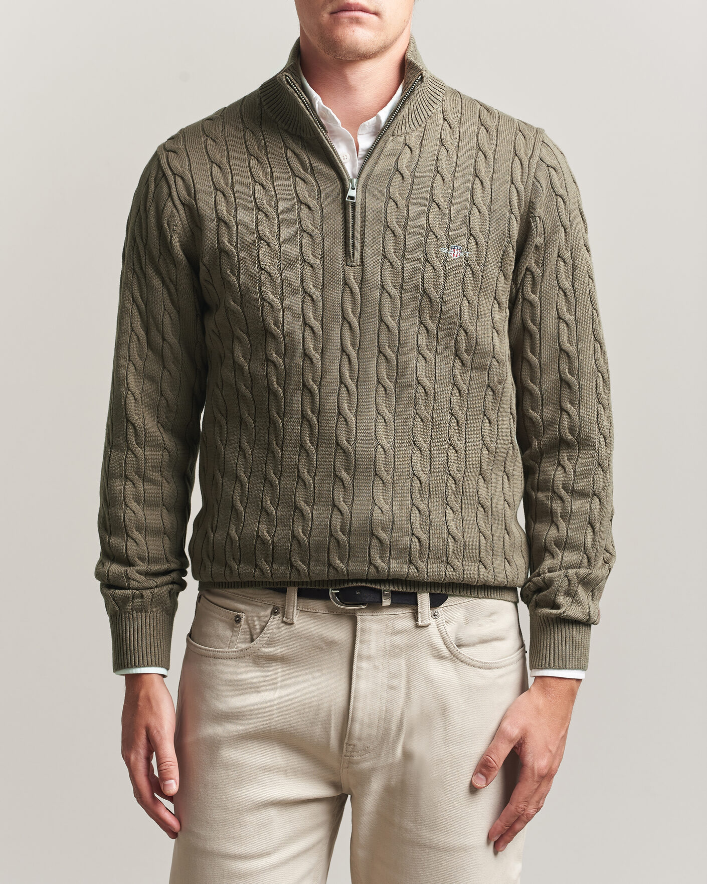 Heren | Truien | Gant | Cotton Cable Half Zip Faded Taupe
