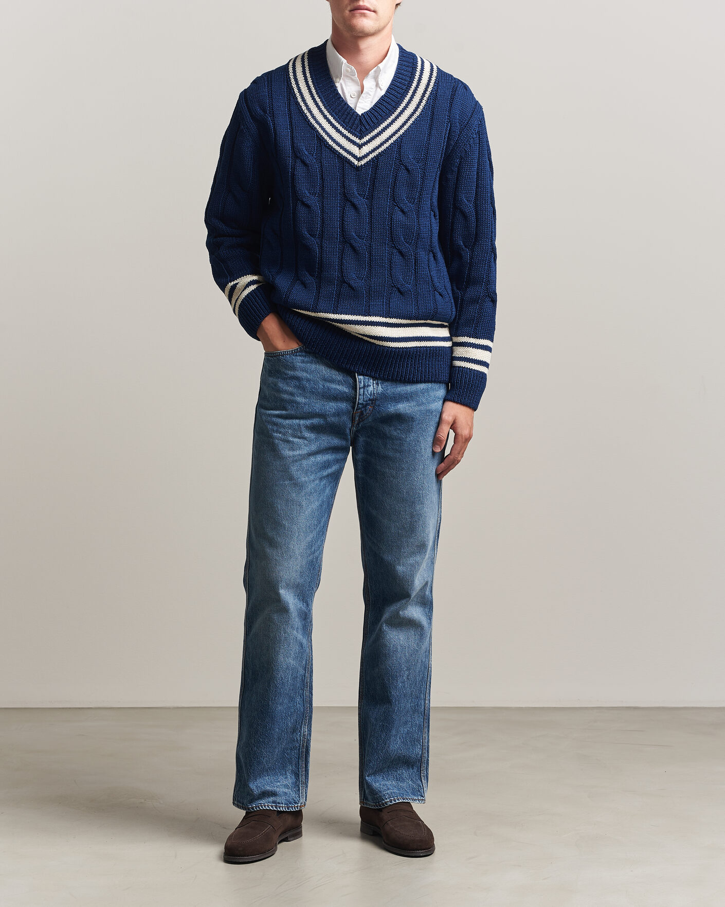 Heren | Truien | Gant | Mercerized Cotton Knitted Cable V-Neck Persian Blue