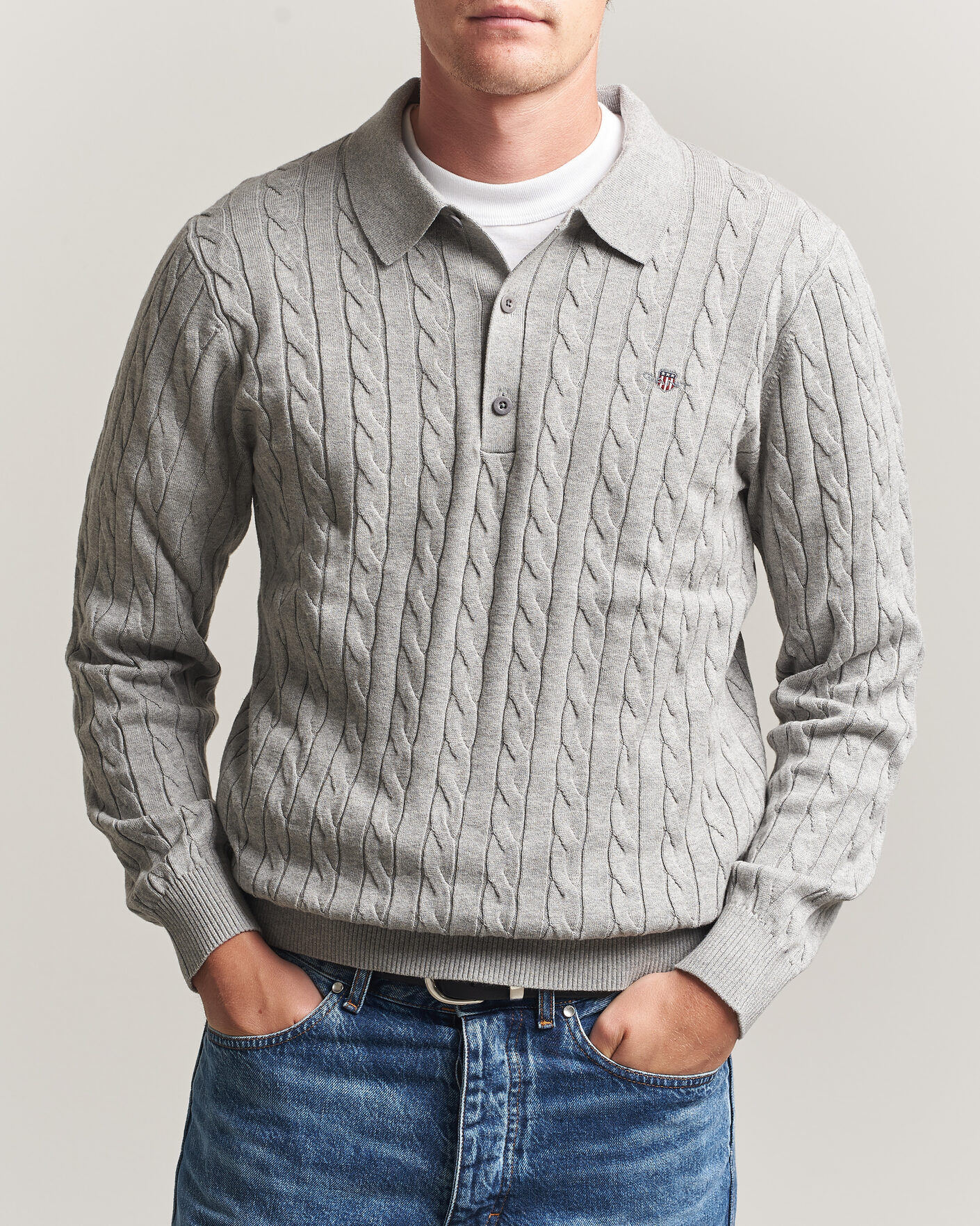 Heren | Truien | Gant | Cotton Cable Polo Grey Melange