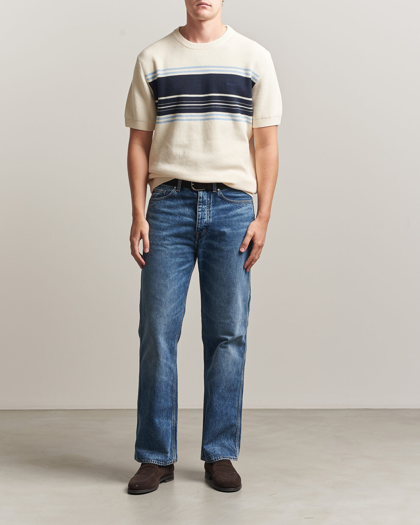 Heren | T-shirts | Gant | Knitted Striped T-shirt Cream