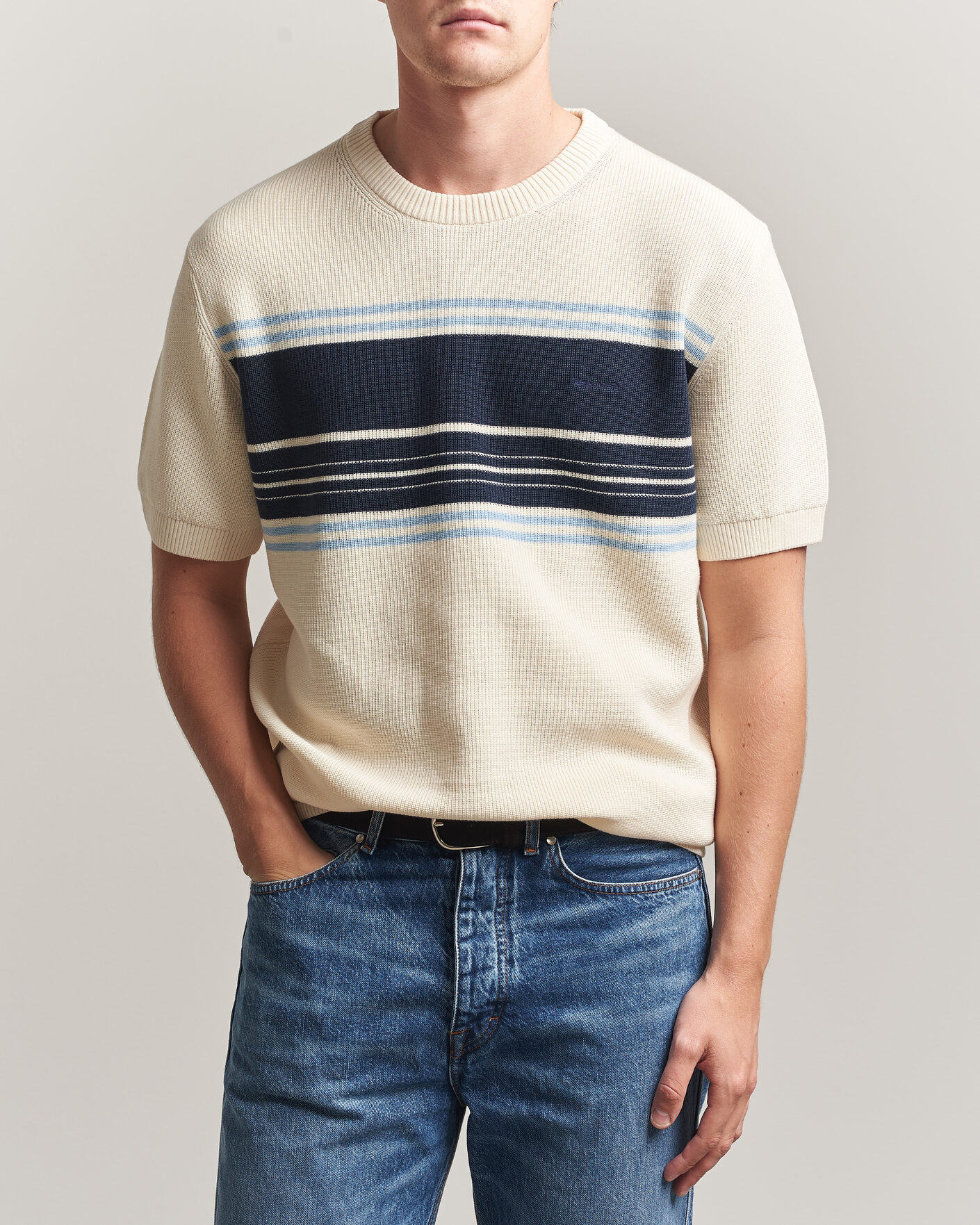Heren | T-shirts | Gant | Knitted Striped T-shirt Cream