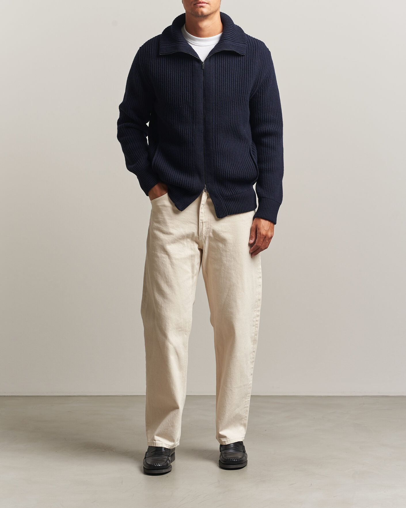 Heren | Truien | Altea | Rib Wool Bomber Cardigan Navy