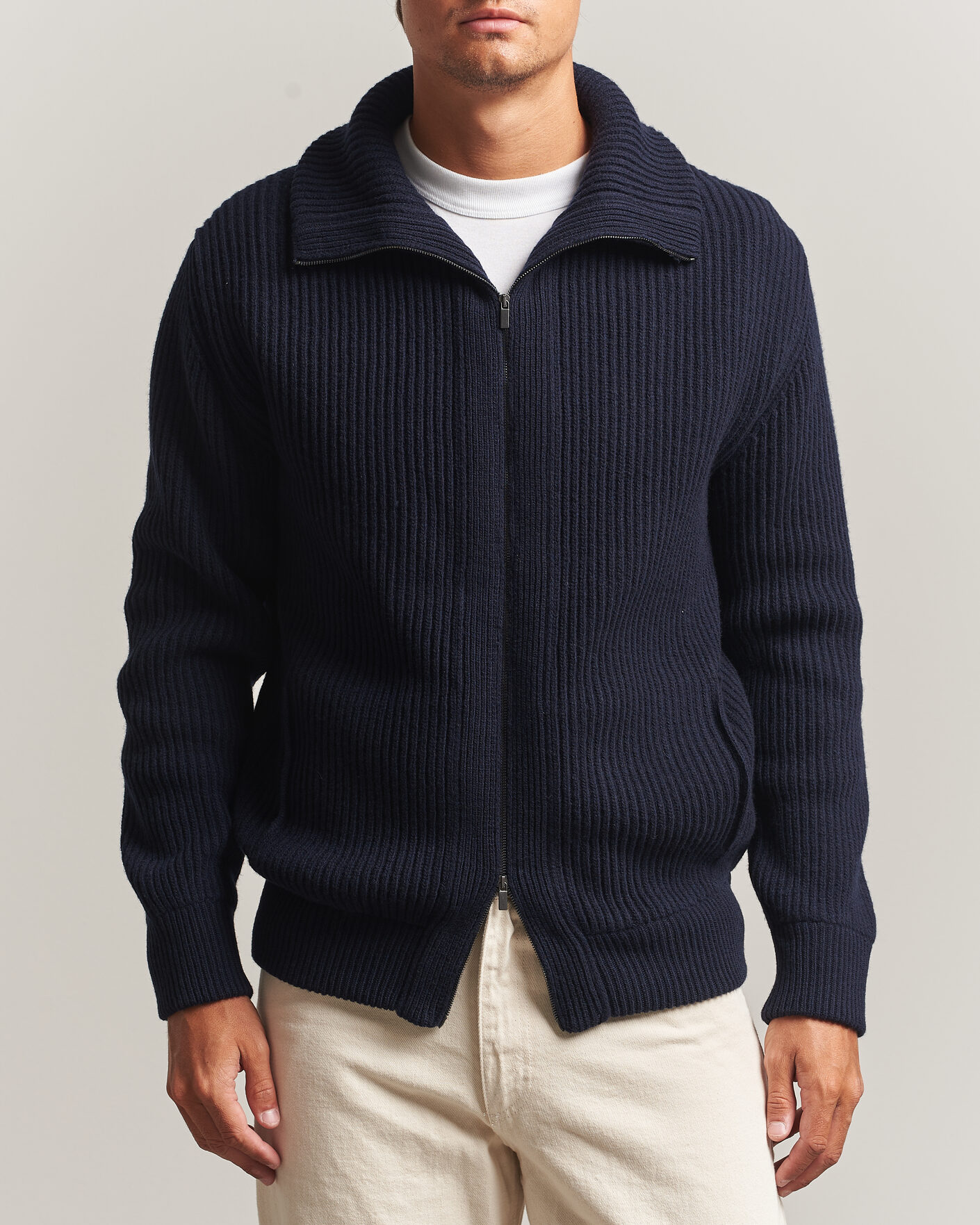 Heren | Truien | Altea | Rib Wool Bomber Cardigan Navy